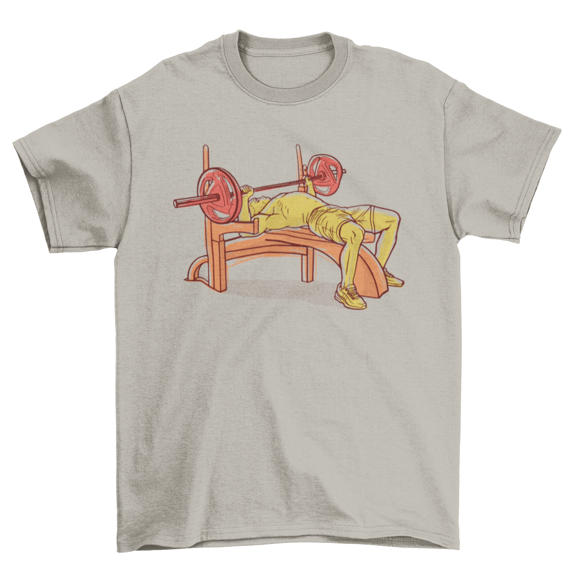Hand-drawn t-shirt design featuring an athlete lifting weights on a bench press in warm colors.