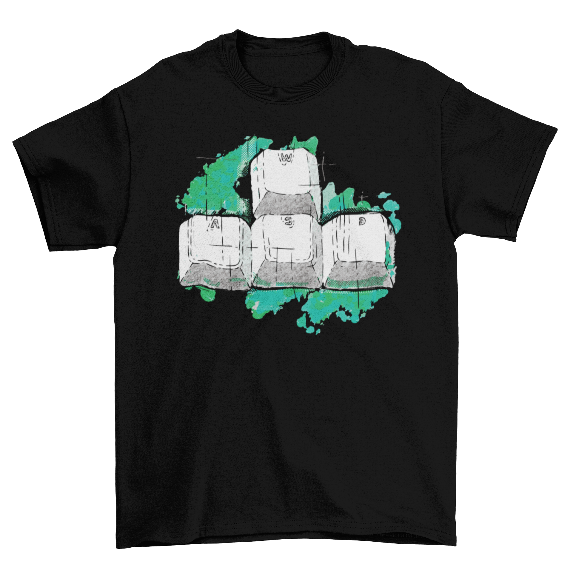 A stylish hand-drawn t-shirt featuring the WASD keys from a computer keyboard, perfect for gamers.