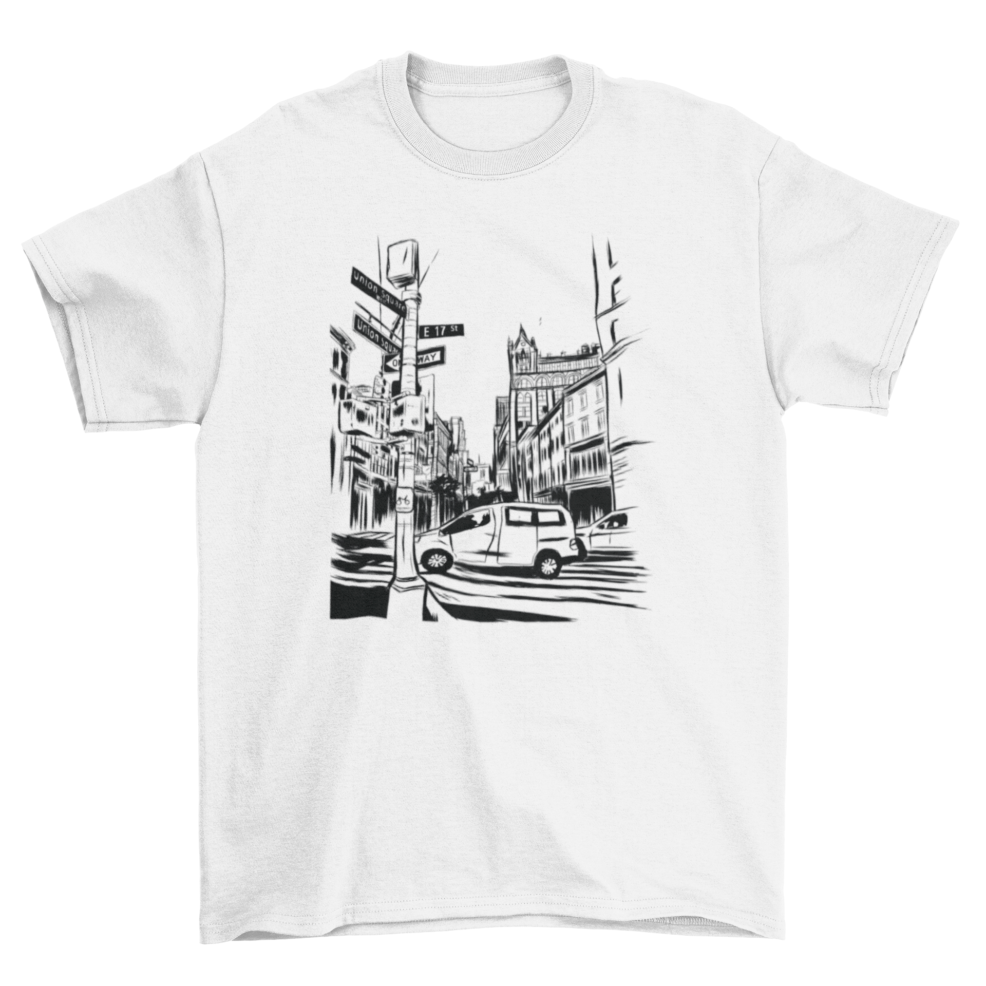 A detailed hand-drawn illustration of New York City featuring iconic yellow cabs and buildings, showcasing vibrant street life.