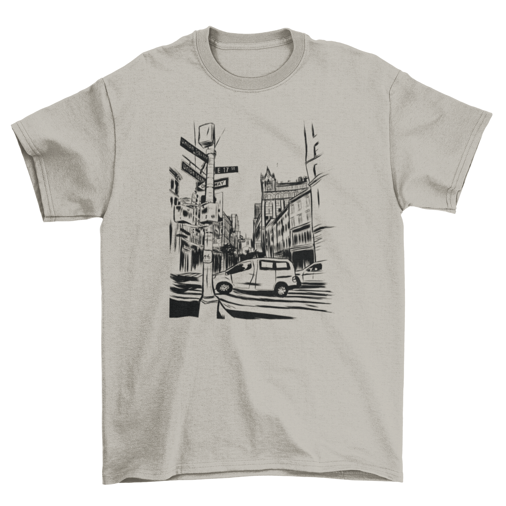 A detailed hand-drawn illustration of New York City featuring iconic yellow cabs and buildings, showcasing vibrant street life.