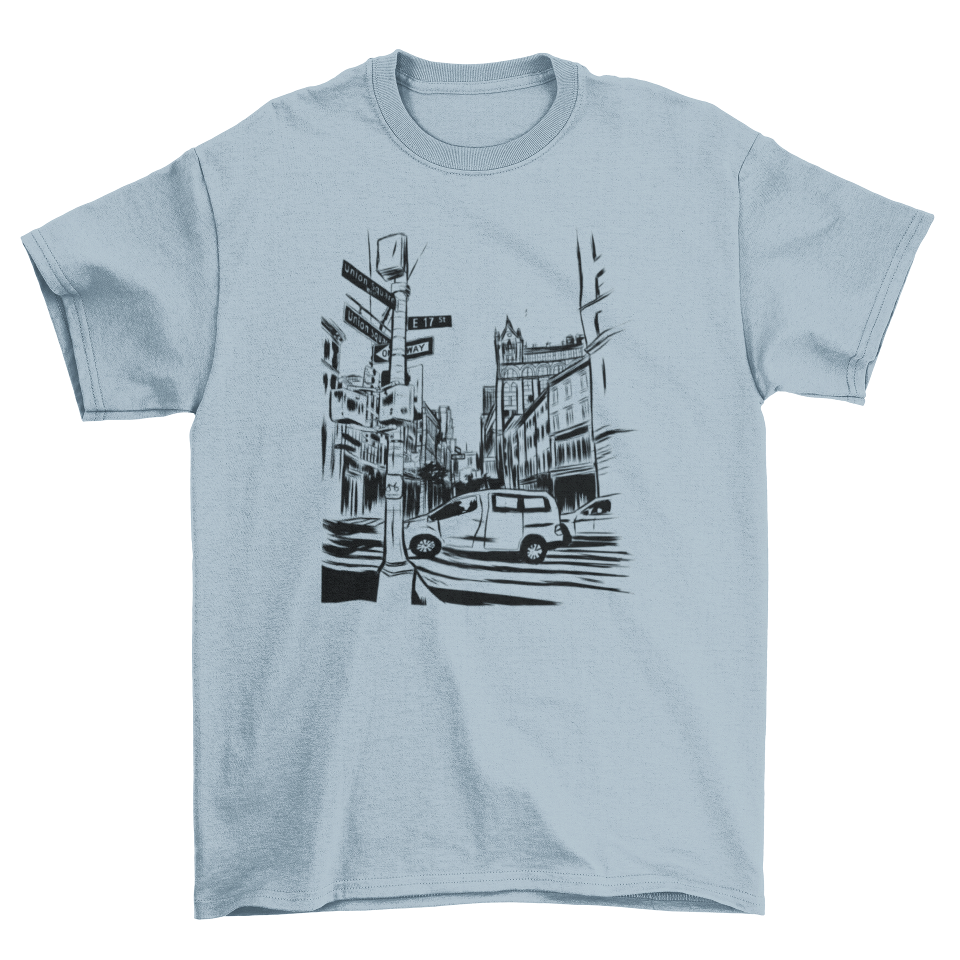 A detailed hand-drawn illustration of New York City featuring iconic yellow cabs and buildings, showcasing vibrant street life.