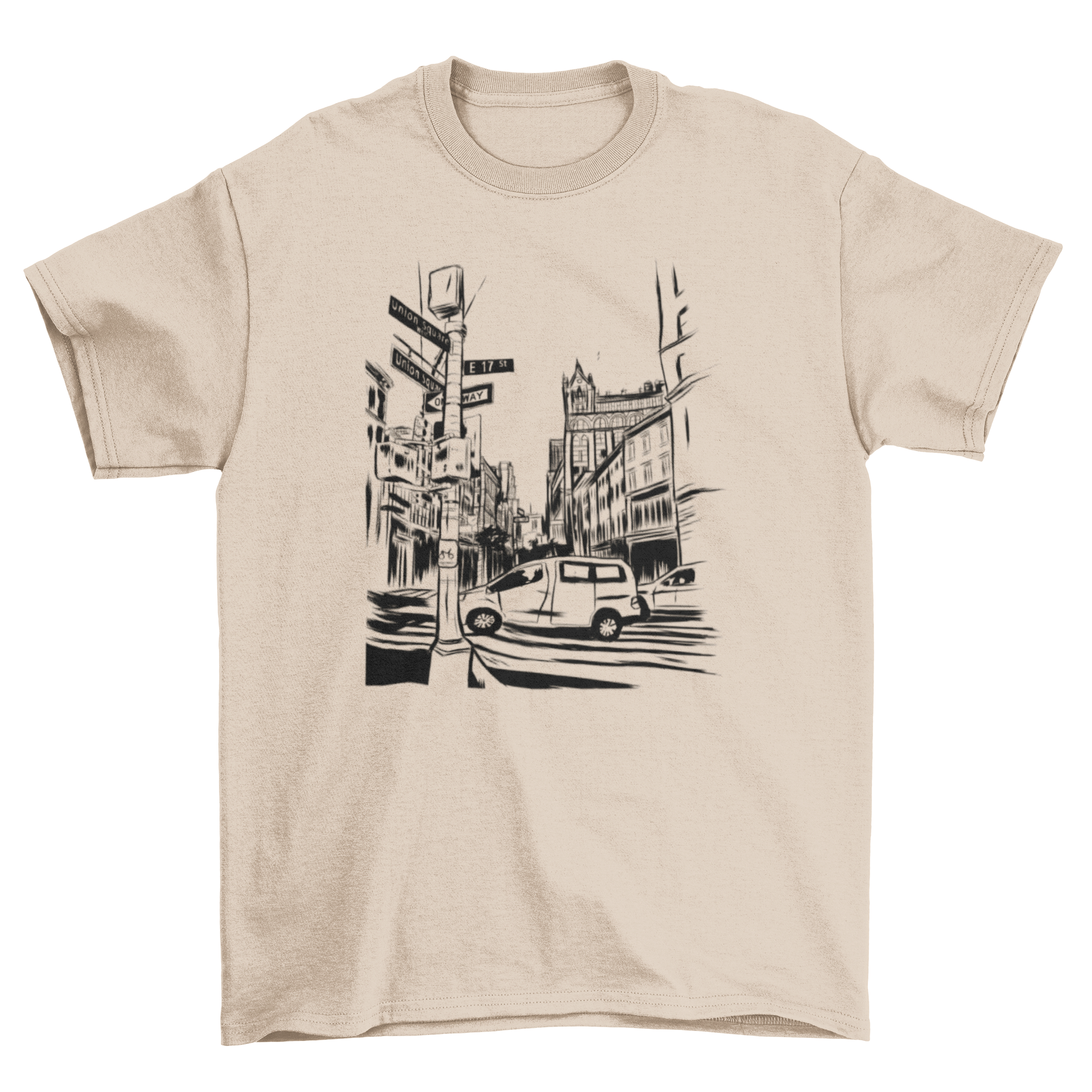 A detailed hand-drawn illustration of New York City featuring iconic yellow cabs and buildings, showcasing vibrant street life.