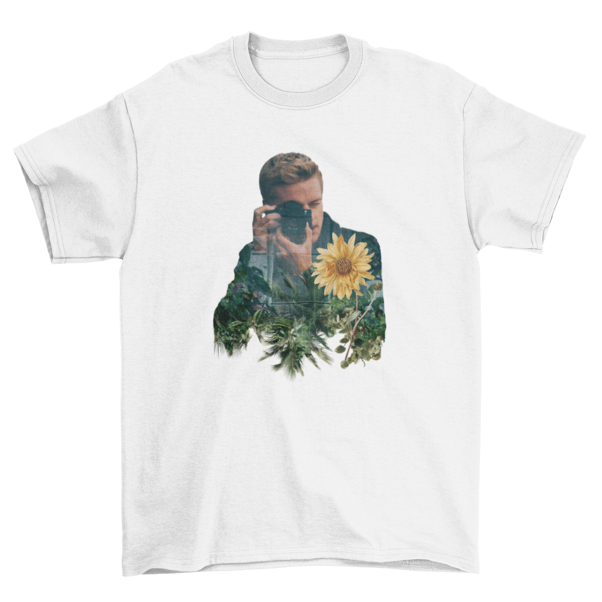 Stylish t-shirt featuring a double exposure of a photographer and vibrant sunflowers, perfect for nature lovers.