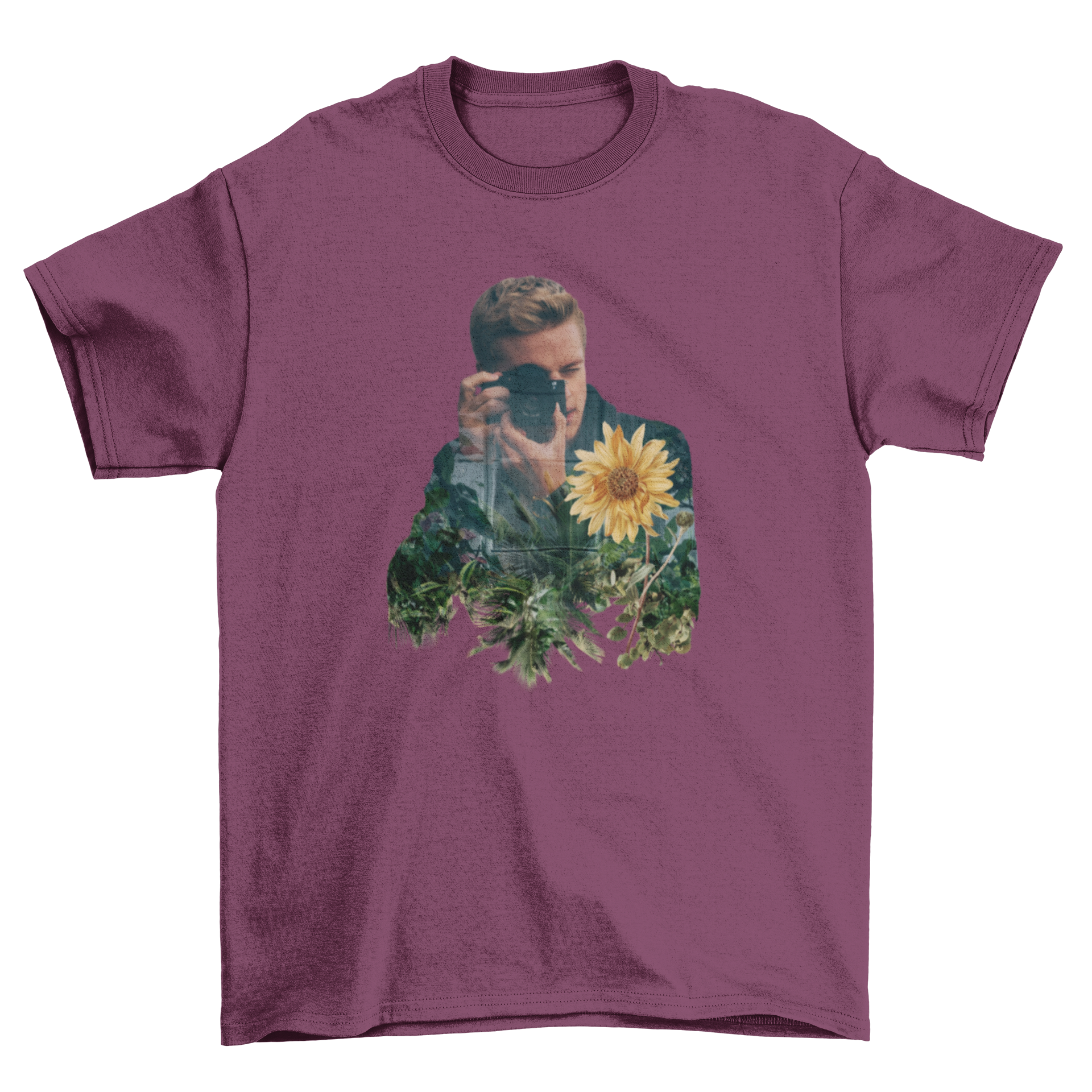 Stylish t-shirt featuring a double exposure of a photographer and vibrant sunflowers, perfect for nature lovers.