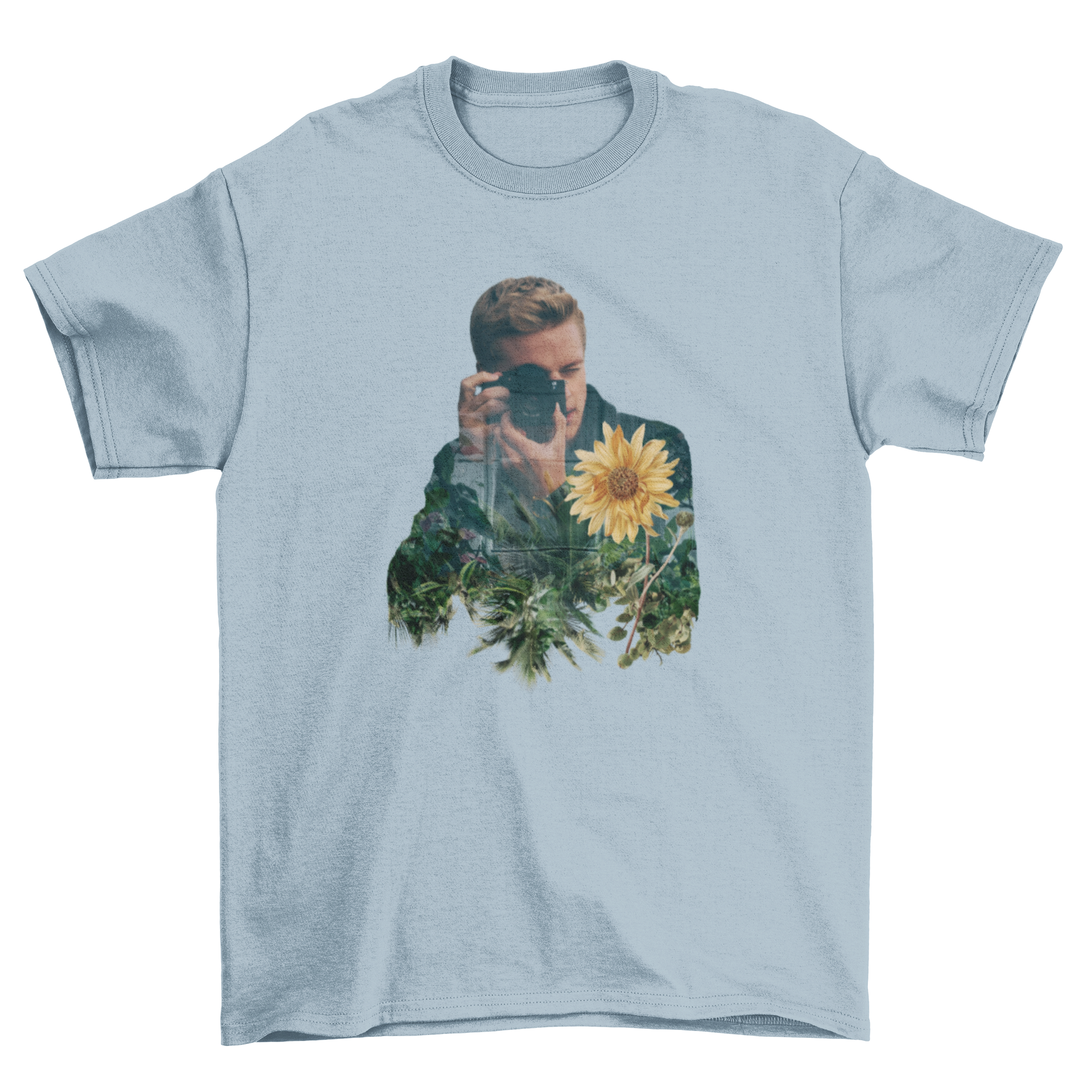 Stylish t-shirt featuring a double exposure of a photographer and vibrant sunflowers, perfect for nature lovers.
