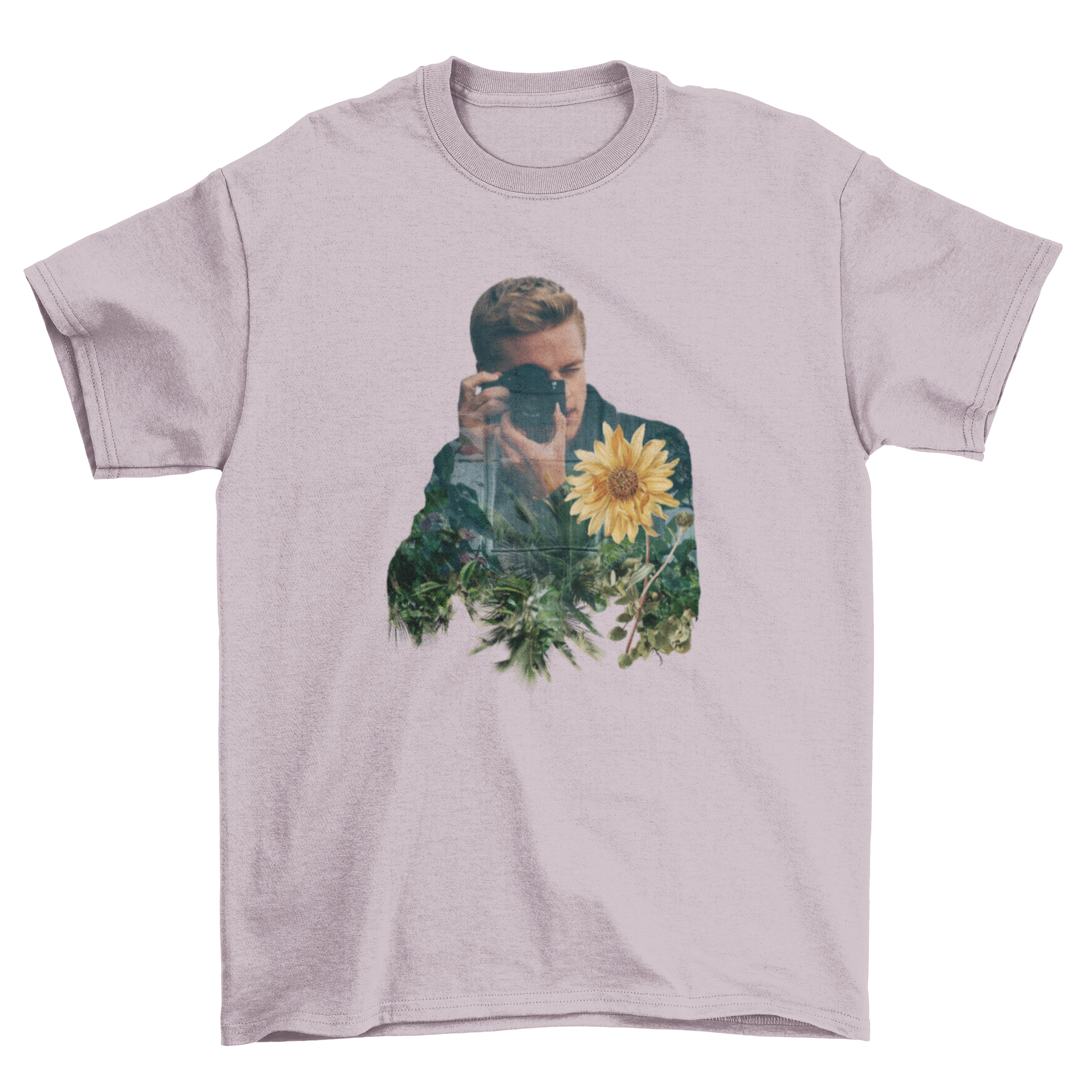 Stylish t-shirt featuring a double exposure of a photographer and vibrant sunflowers, perfect for nature lovers.