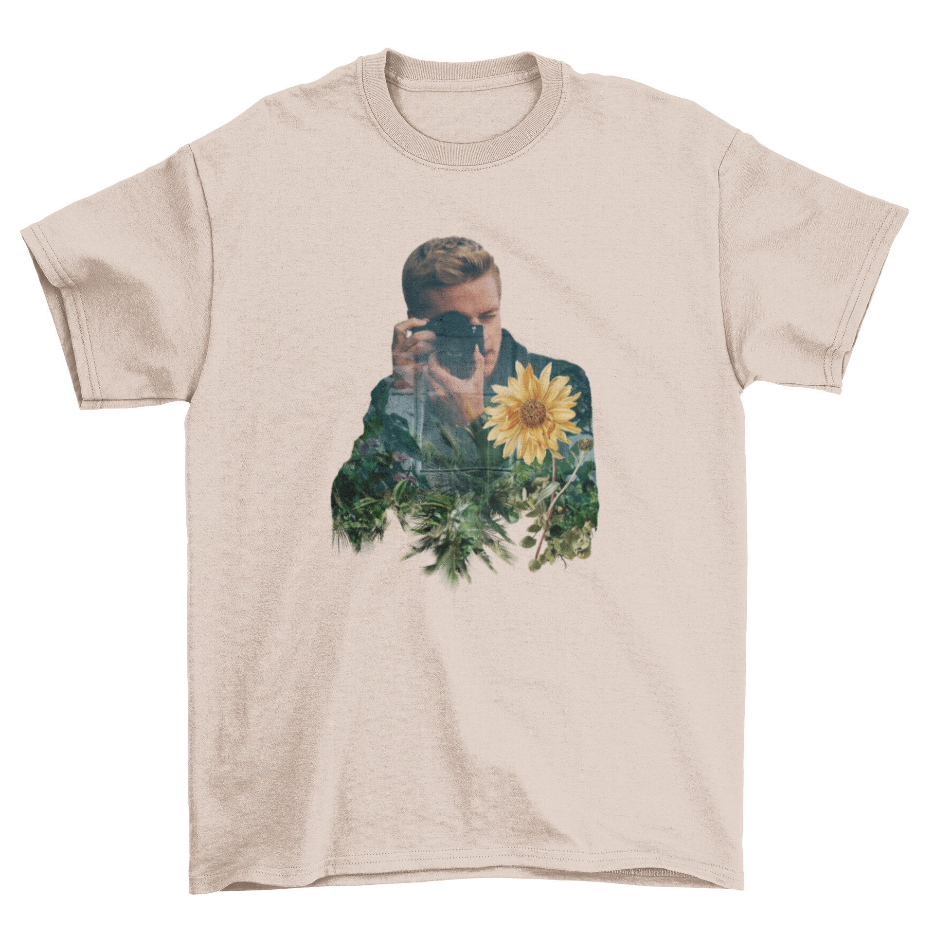 Stylish t-shirt featuring a double exposure of a photographer and vibrant sunflowers, perfect for nature lovers.