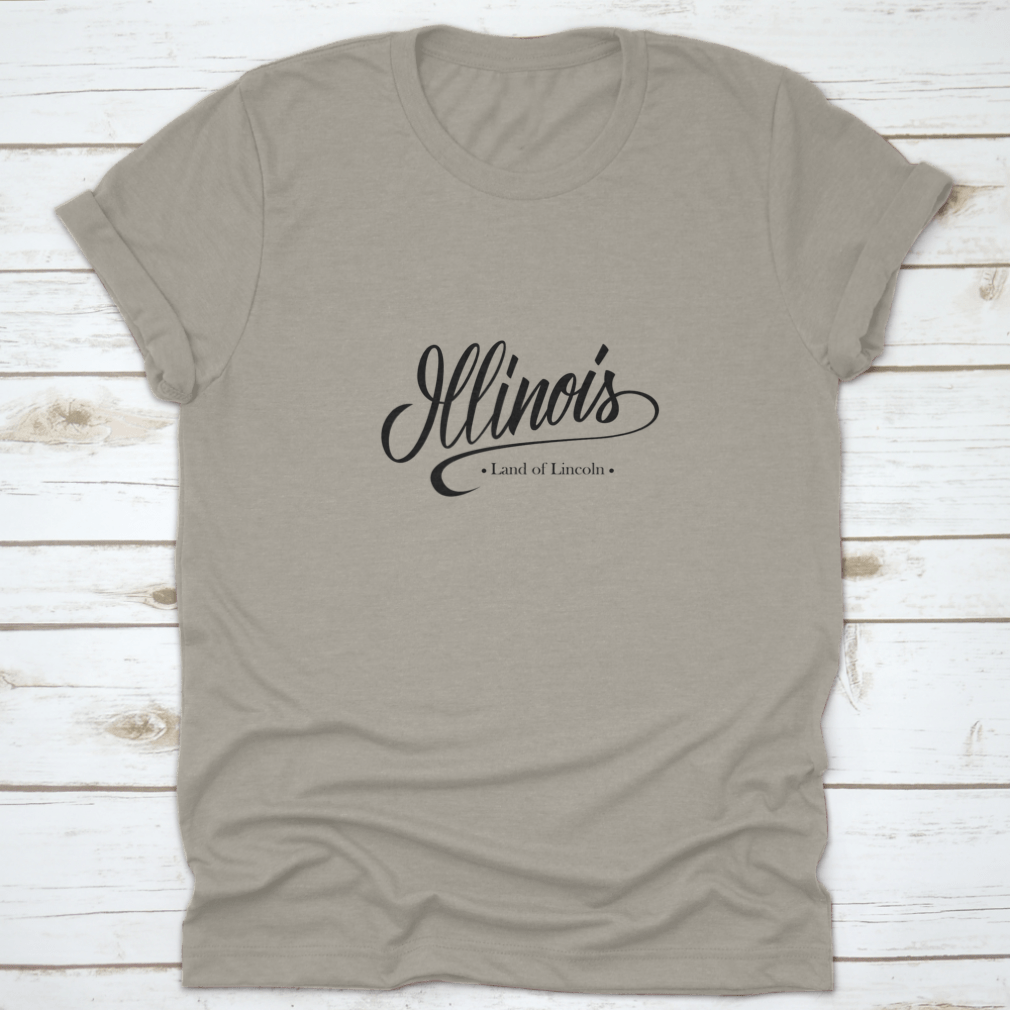 A stylish t-shirt featuring the handwritten name 'Illinois' in elegant calligraphy, showcasing a unique design.