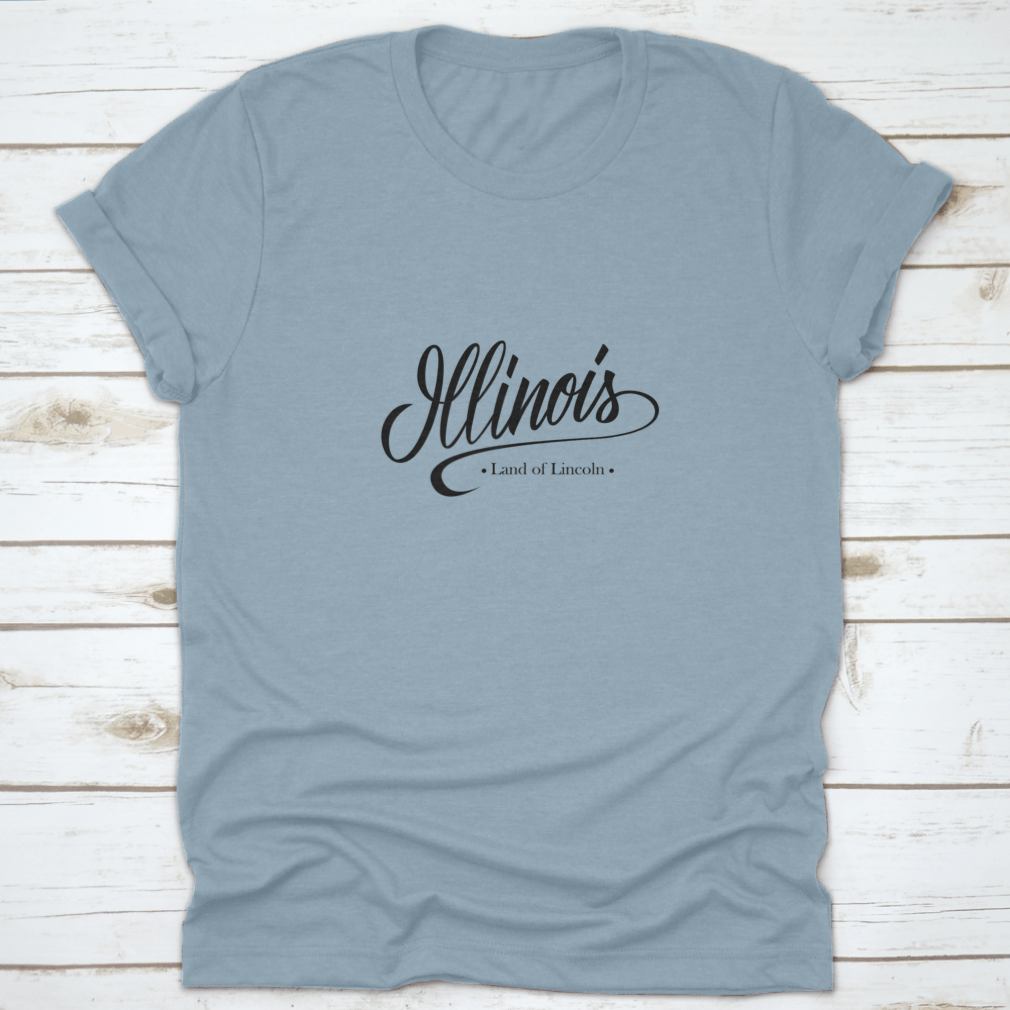 A stylish t-shirt featuring the handwritten name 'Illinois' in elegant calligraphy, showcasing a unique design.