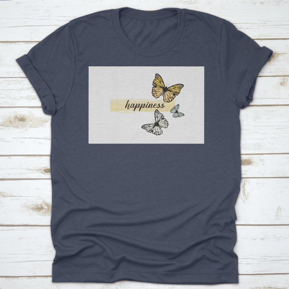 A hand-drawn yellow butterfly design on a comfortable cotton t-shirt, showcasing a cheerful and artistic style.