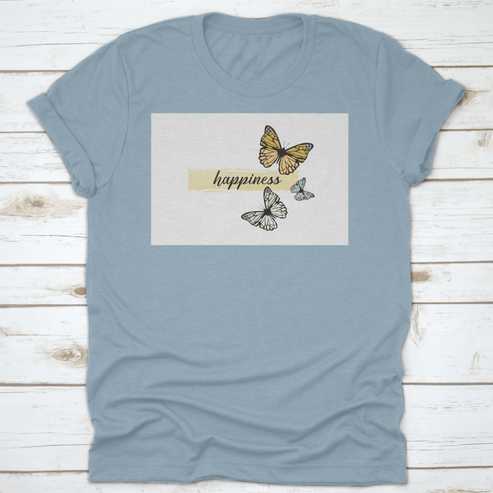 A hand-drawn yellow butterfly design on a comfortable cotton t-shirt, showcasing a cheerful and artistic style.