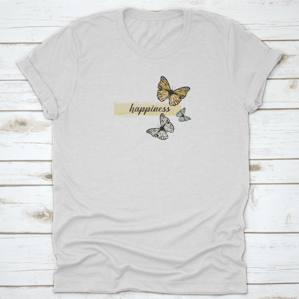 A hand-drawn yellow butterfly design on a comfortable cotton t-shirt, showcasing a cheerful and artistic style.