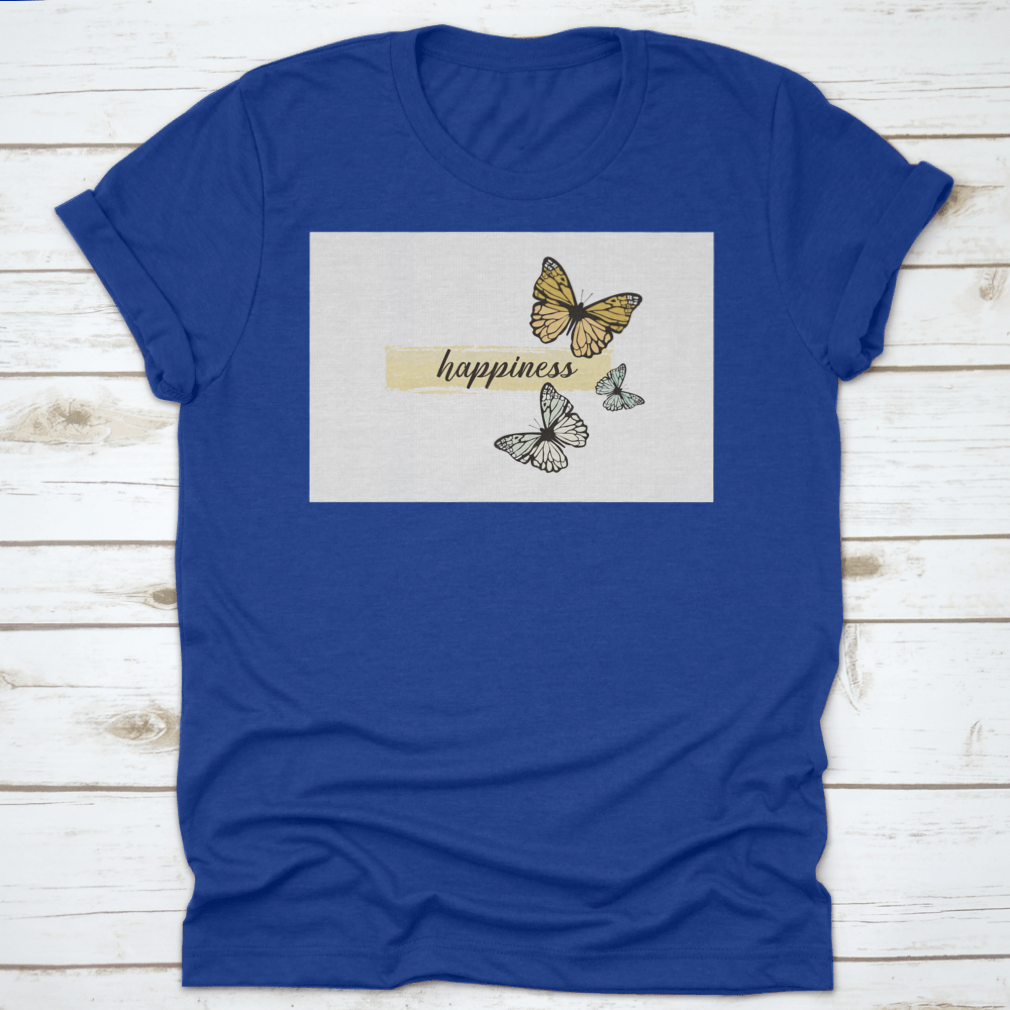 A hand-drawn yellow butterfly design on a comfortable cotton t-shirt, showcasing a cheerful and artistic style.