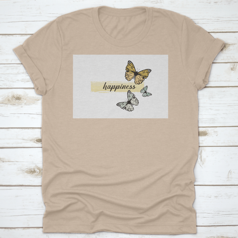 A hand-drawn yellow butterfly design on a comfortable cotton t-shirt, showcasing a cheerful and artistic style.