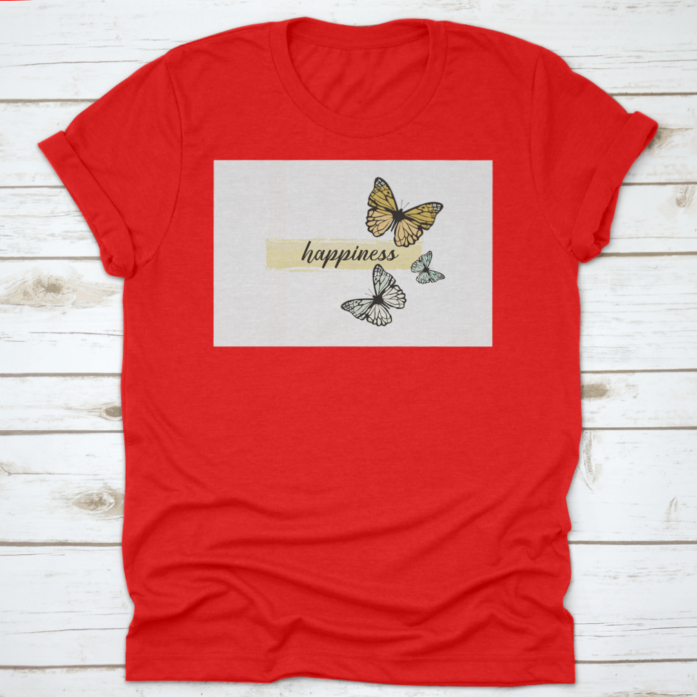 A hand-drawn yellow butterfly design on a comfortable cotton t-shirt, showcasing a cheerful and artistic style.
