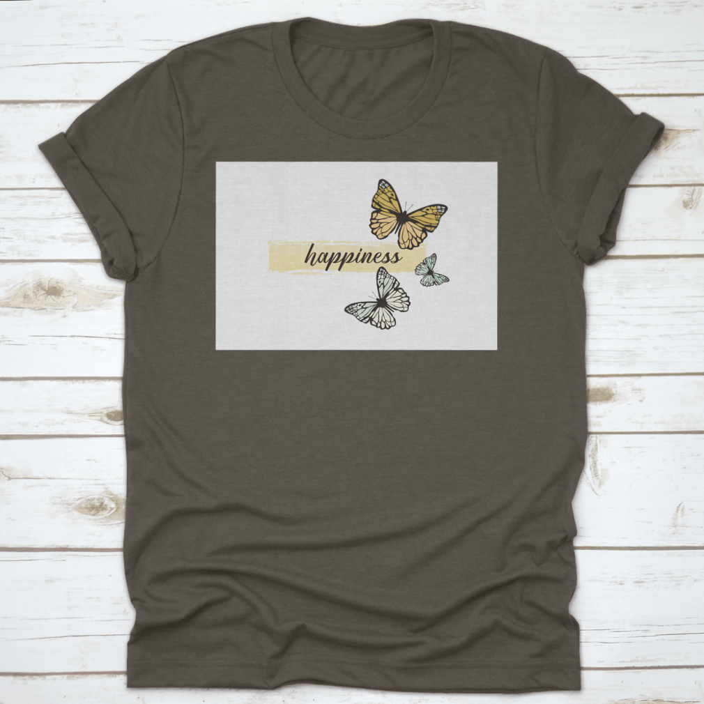 A hand-drawn yellow butterfly design on a comfortable cotton t-shirt, showcasing a cheerful and artistic style.