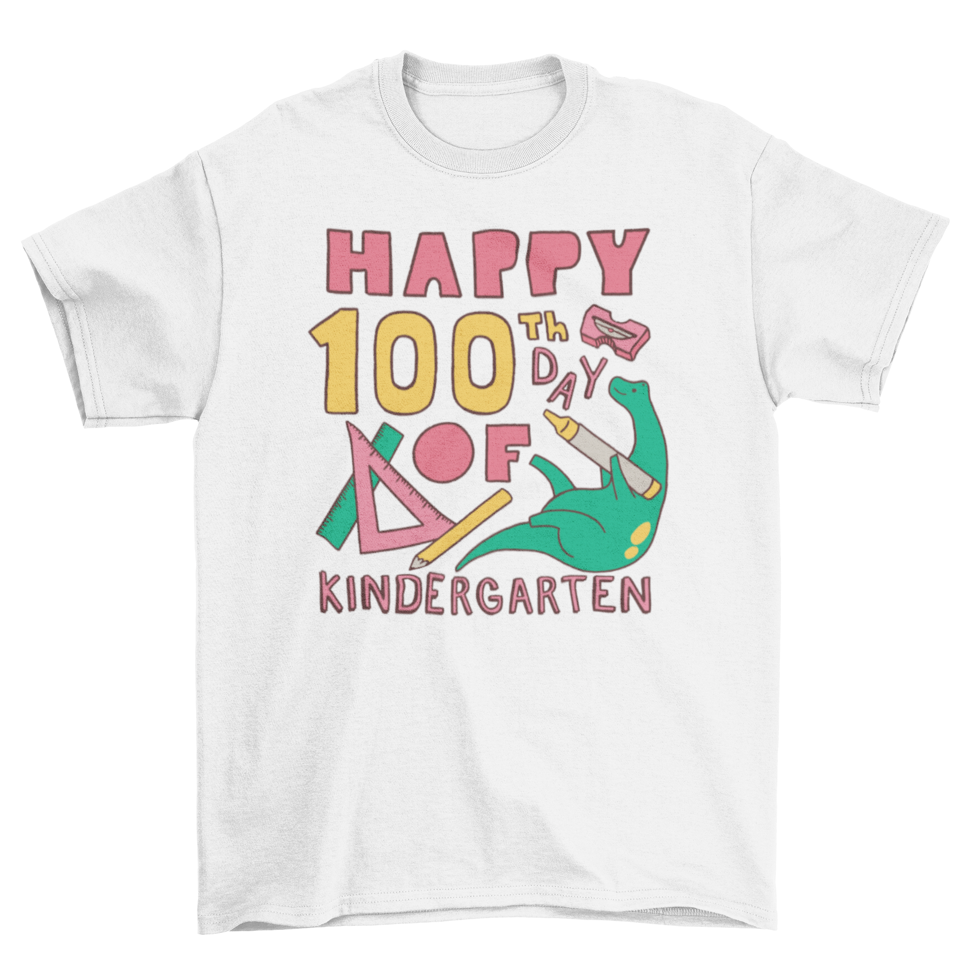 Happy 100th day kindergarten t-shirt featuring a dinosaur holding a crayon with colorful text.