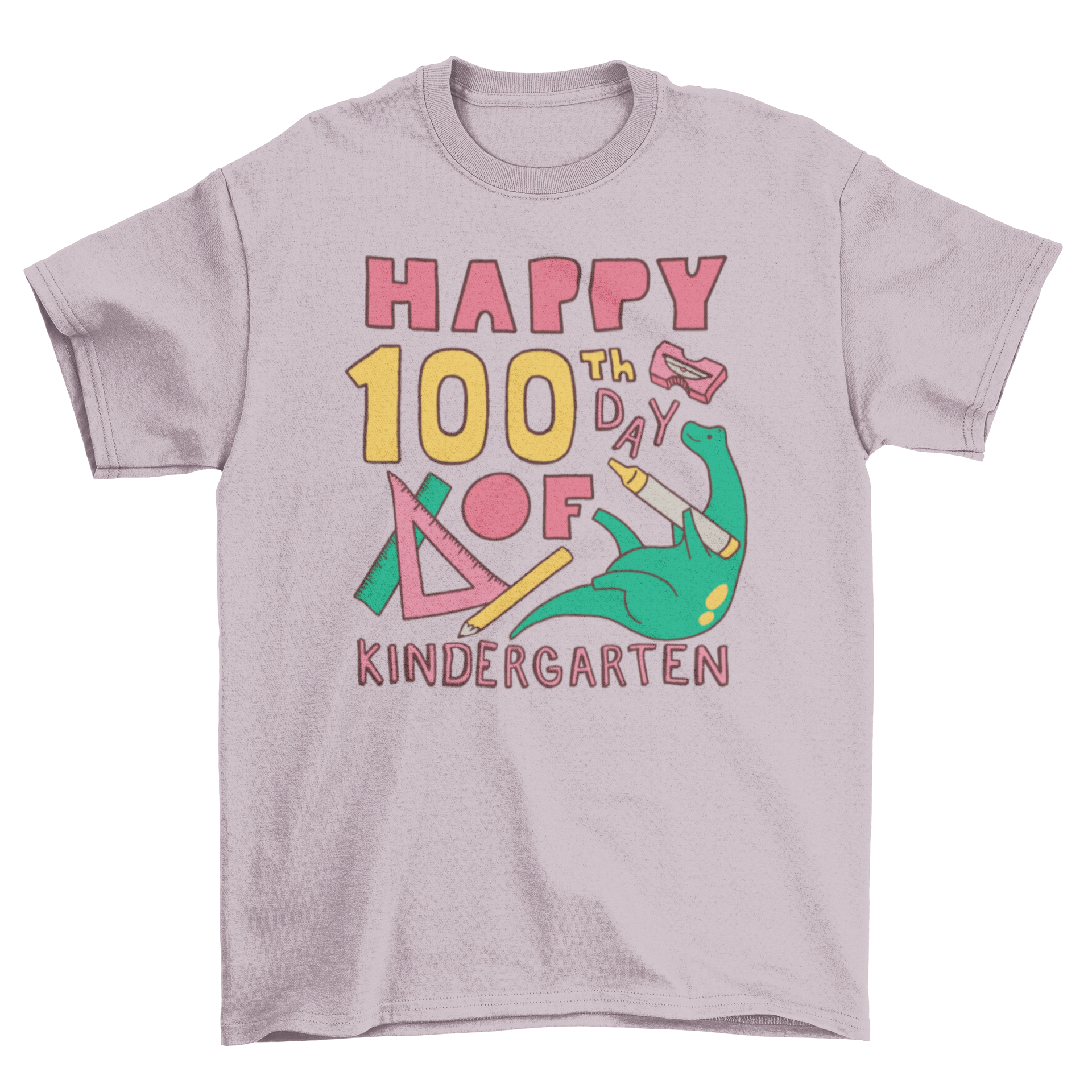 Happy 100th day kindergarten t-shirt featuring a dinosaur holding a crayon with colorful text.