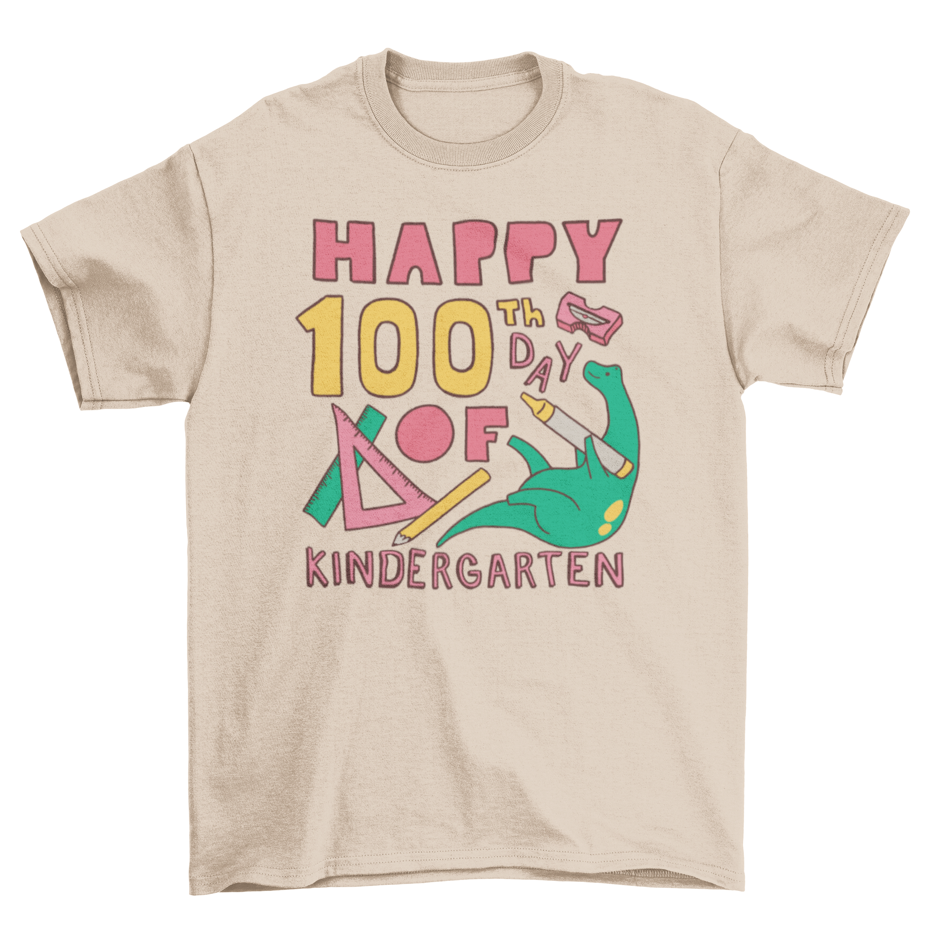 Happy 100th day kindergarten t-shirt featuring a dinosaur holding a crayon with colorful text.