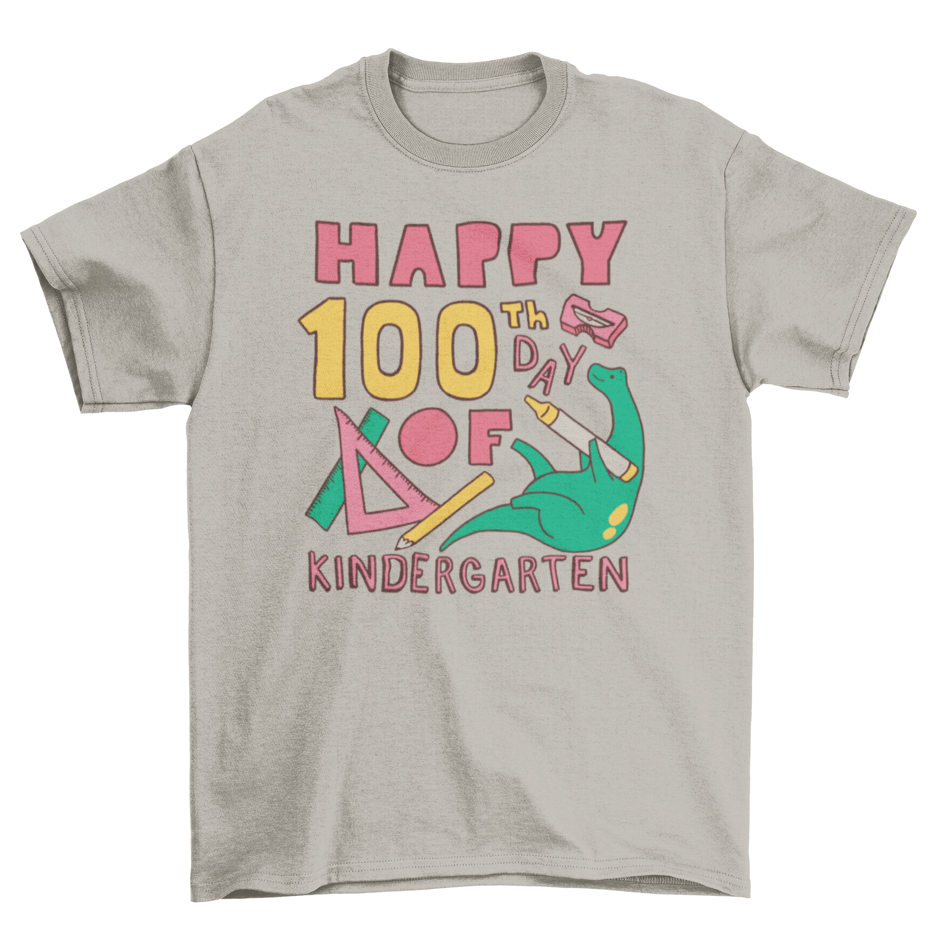 Happy 100th day kindergarten t-shirt featuring a dinosaur holding a crayon with colorful text.