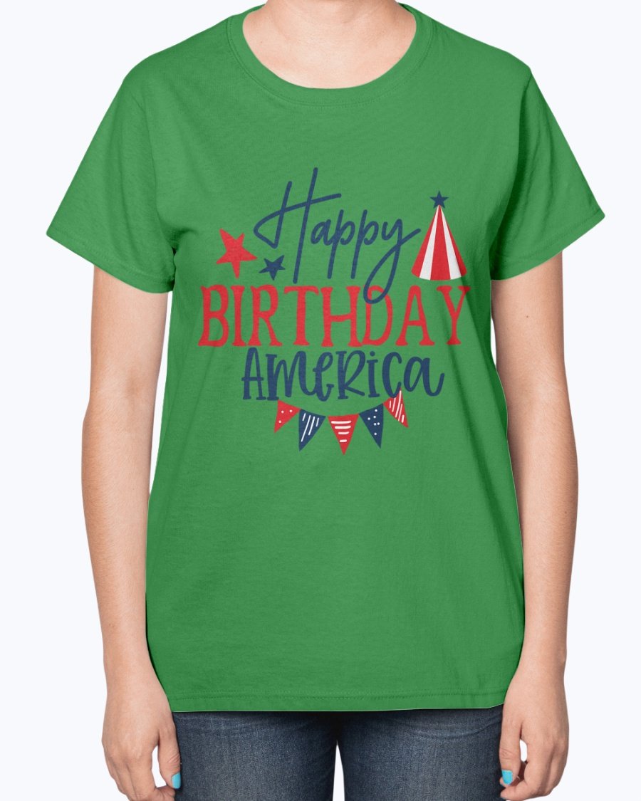 Happy Birthday America Fourth Of July Ladies T-Shirt featuring a contoured fit and patriotic design, perfect for Independence Day celebrations.