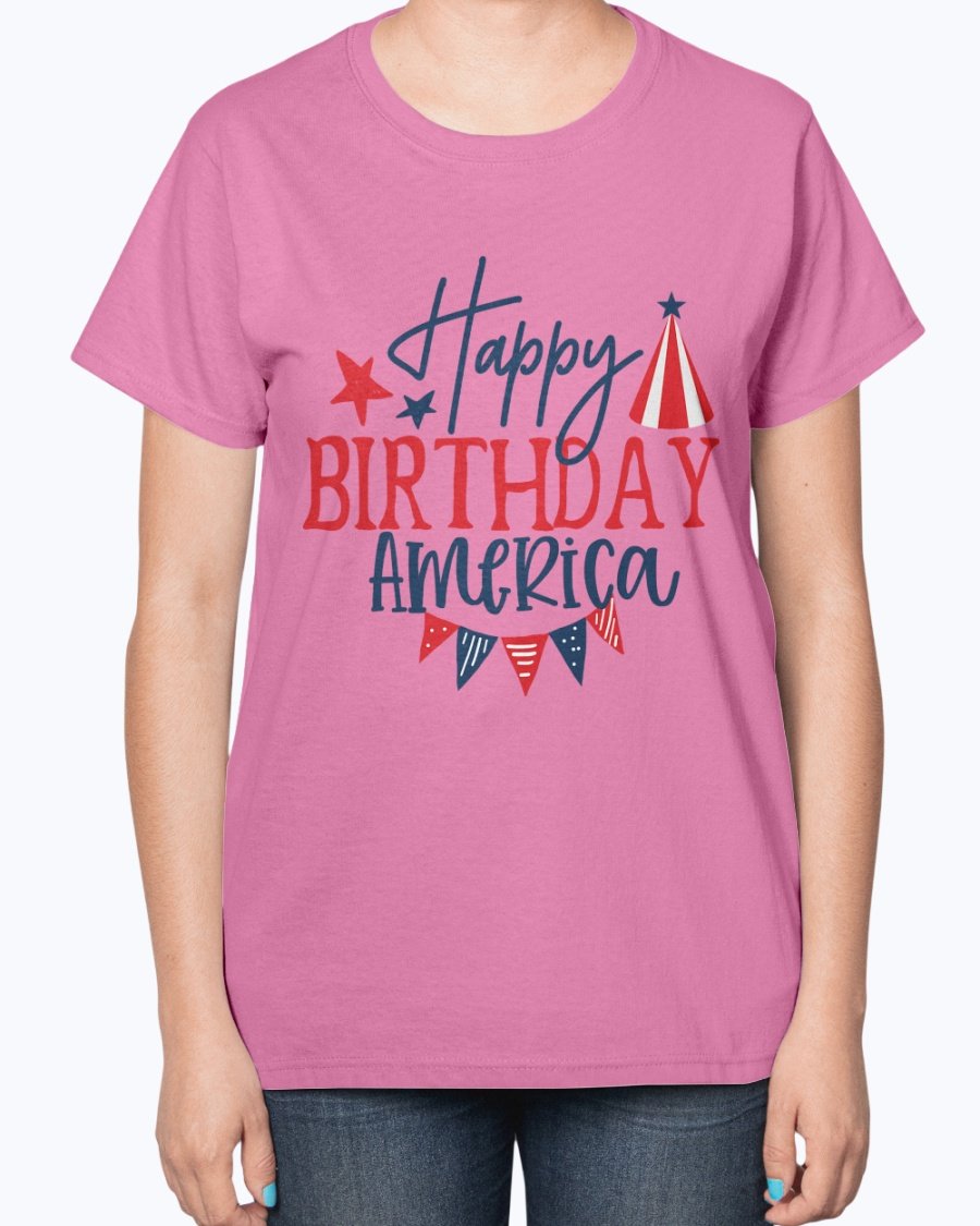Happy Birthday America Fourth Of July Ladies T-Shirt featuring a contoured fit and patriotic design, perfect for Independence Day celebrations.