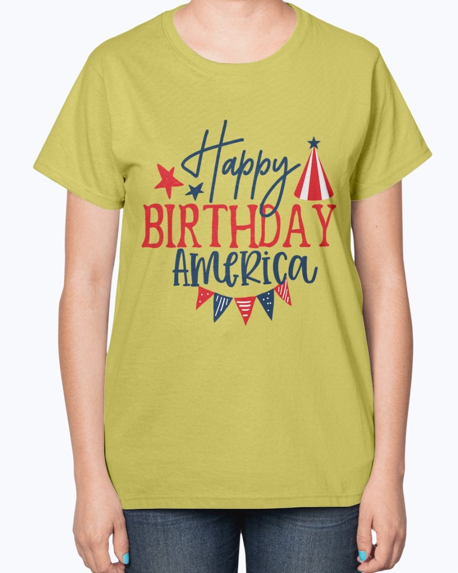 Happy Birthday America Fourth Of July Ladies T-Shirt featuring a contoured fit and patriotic design, perfect for Independence Day celebrations.