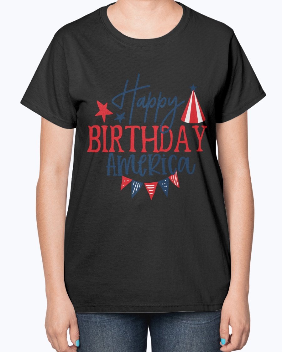 Happy Birthday America Fourth Of July Ladies T-Shirt featuring a contoured fit and patriotic design, perfect for Independence Day celebrations.