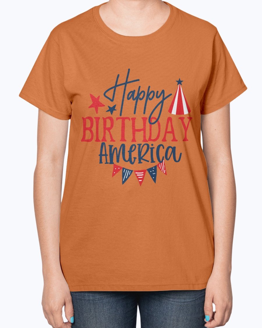 Happy Birthday America Fourth Of July Ladies T-Shirt featuring a contoured fit and patriotic design, perfect for Independence Day celebrations.