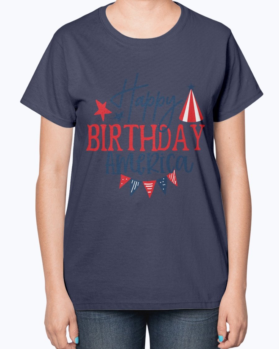 Happy Birthday America Fourth Of July Ladies T-Shirt featuring a contoured fit and patriotic design, perfect for Independence Day celebrations.