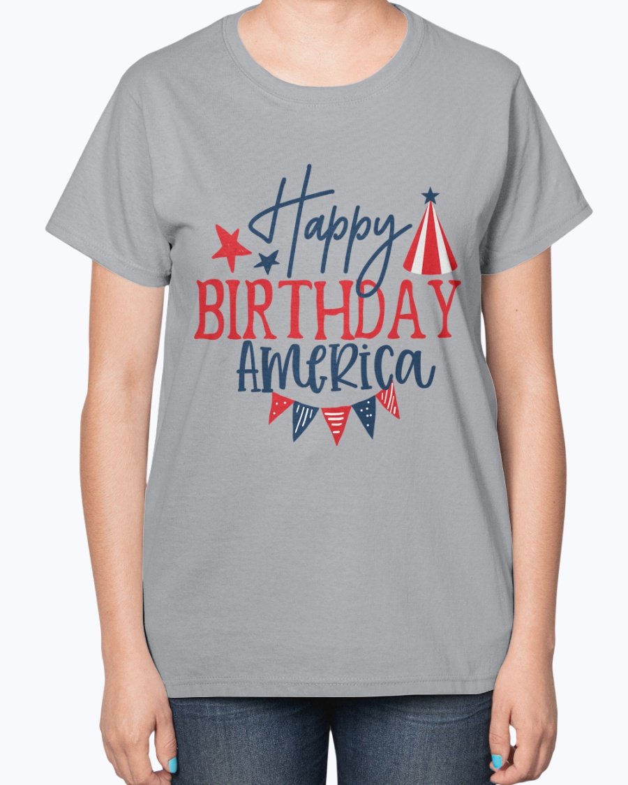 Happy Birthday America Fourth Of July Ladies T-Shirt featuring a contoured fit and patriotic design, perfect for Independence Day celebrations.