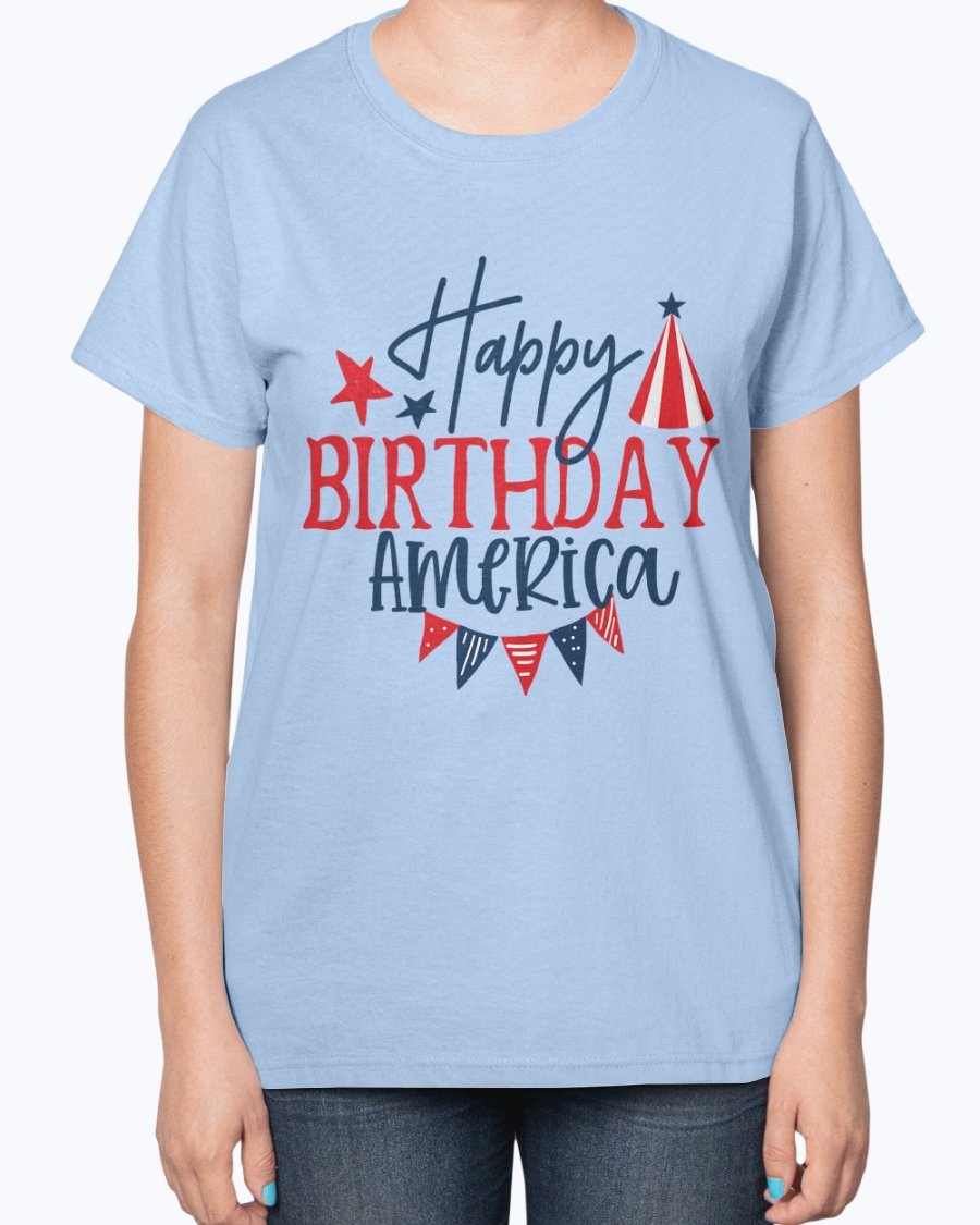 Happy Birthday America Fourth Of July Ladies T-Shirt featuring a contoured fit and patriotic design, perfect for Independence Day celebrations.