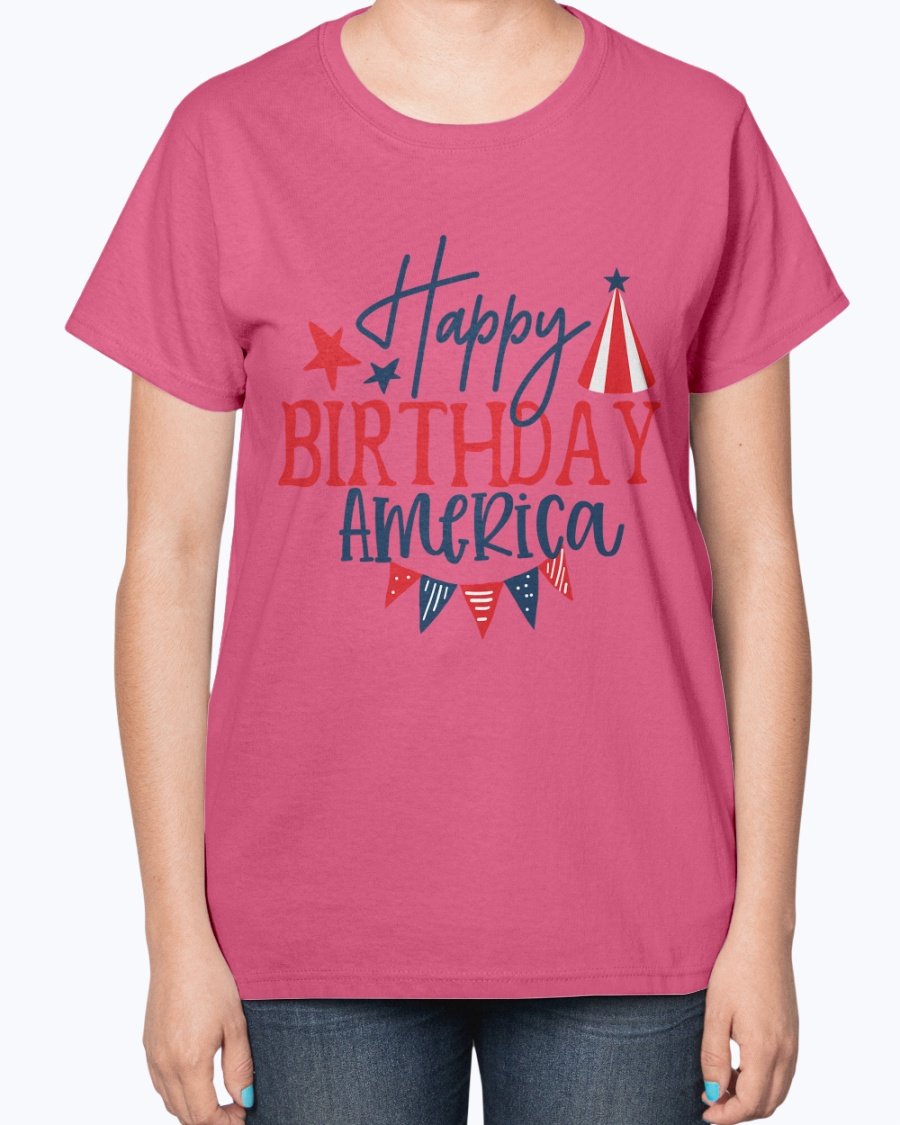 Happy Birthday America Fourth Of July Ladies T-Shirt featuring a contoured fit and patriotic design, perfect for Independence Day celebrations.