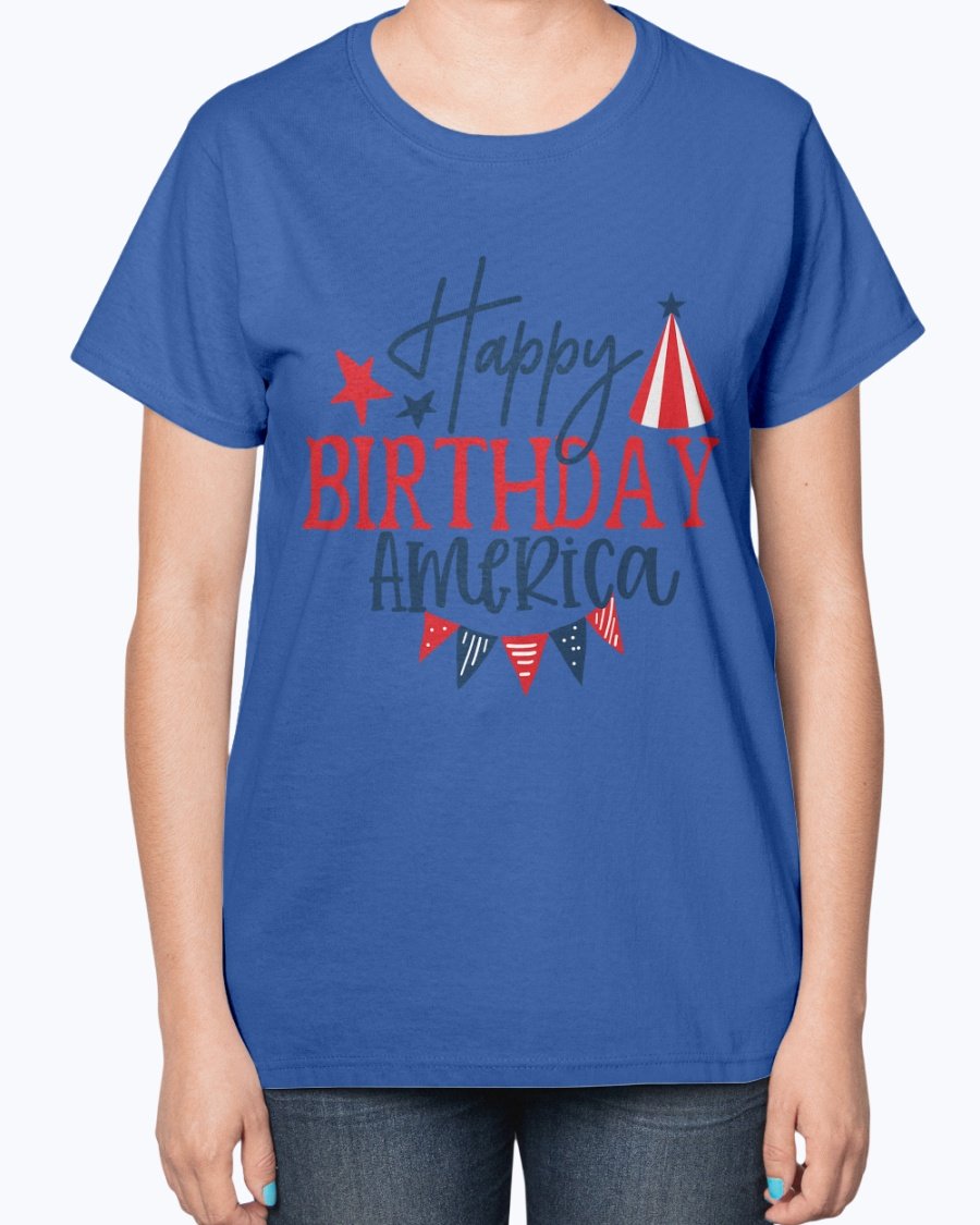 Happy Birthday America Fourth Of July Ladies T-Shirt featuring a contoured fit and patriotic design, perfect for Independence Day celebrations.