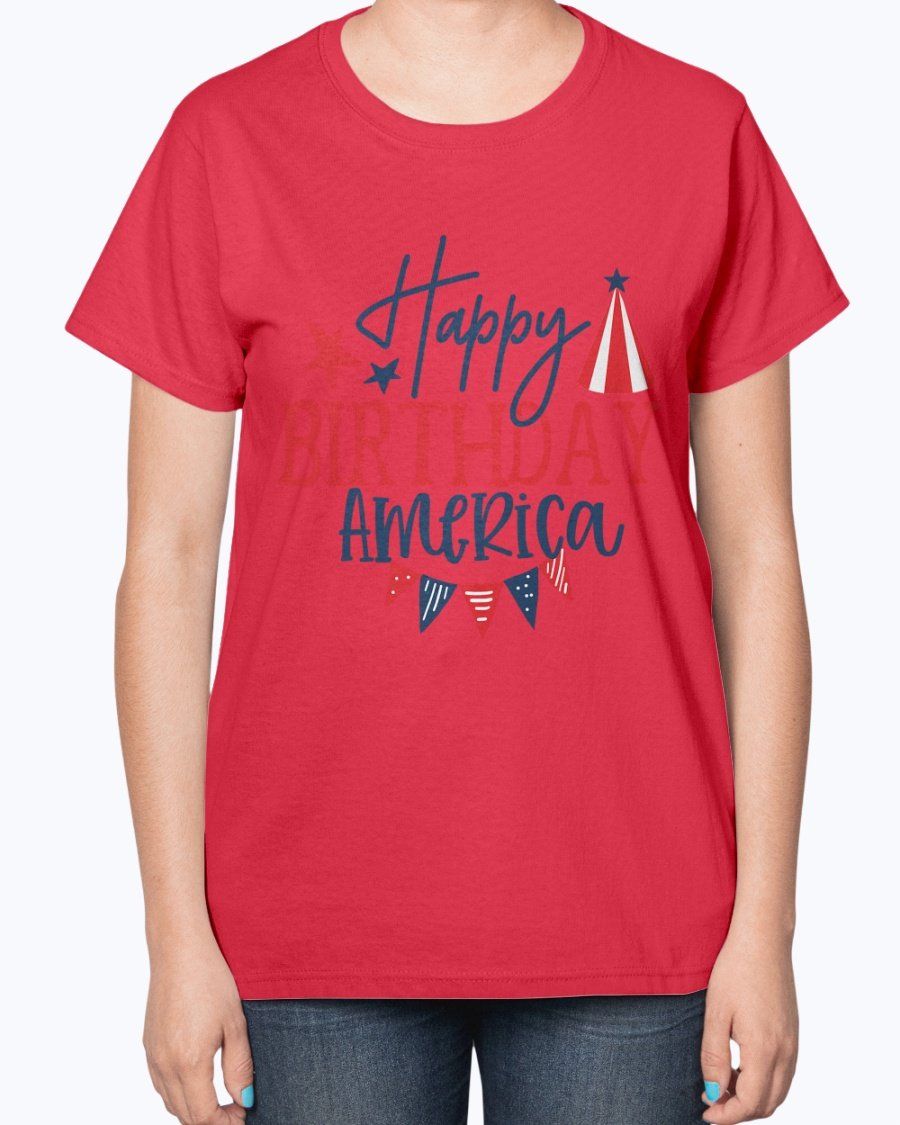 Happy Birthday America Fourth Of July Ladies T-Shirt featuring a contoured fit and patriotic design, perfect for Independence Day celebrations.