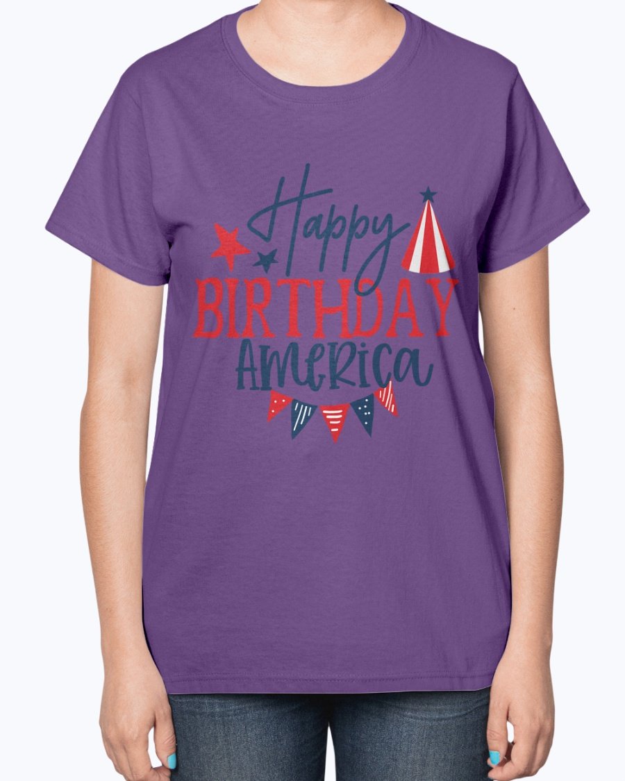 Happy Birthday America Fourth Of July Ladies T-Shirt featuring a contoured fit and patriotic design, perfect for Independence Day celebrations.
