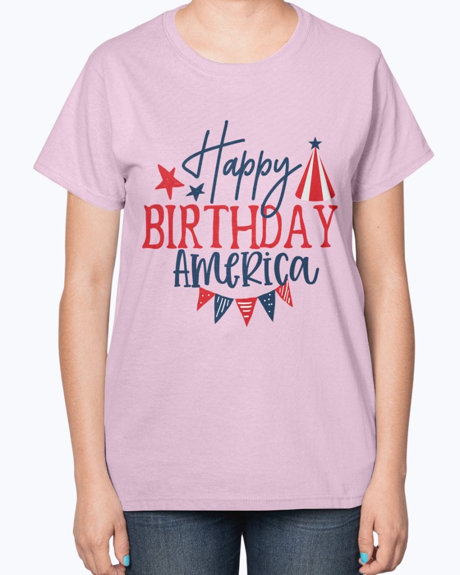 Happy Birthday America Fourth Of July Ladies T-Shirt featuring a contoured fit and patriotic design, perfect for Independence Day celebrations.