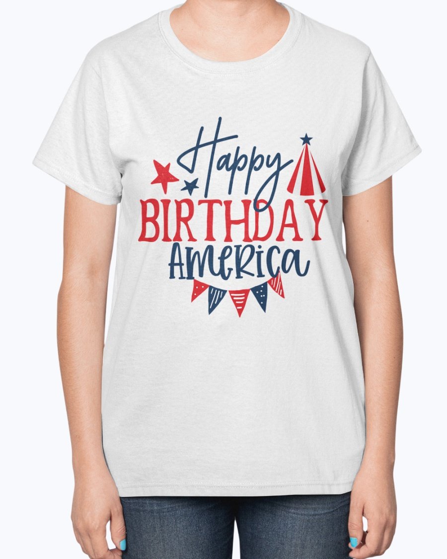 Happy Birthday America Fourth Of July Ladies T-Shirt featuring a contoured fit and patriotic design, perfect for Independence Day celebrations.