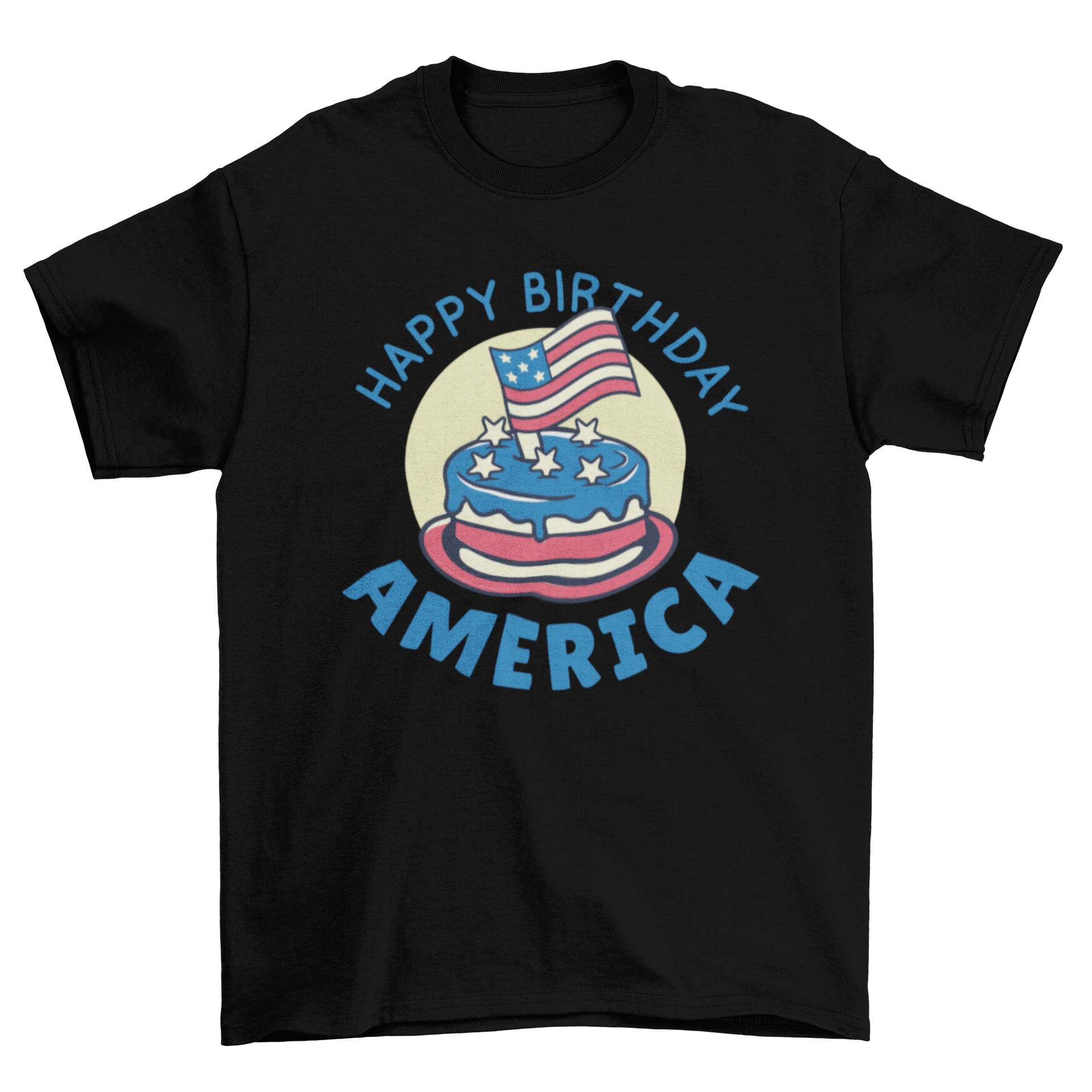 Happy Birthday America T-shirt featuring a patriotic birthday cake design with bold text.