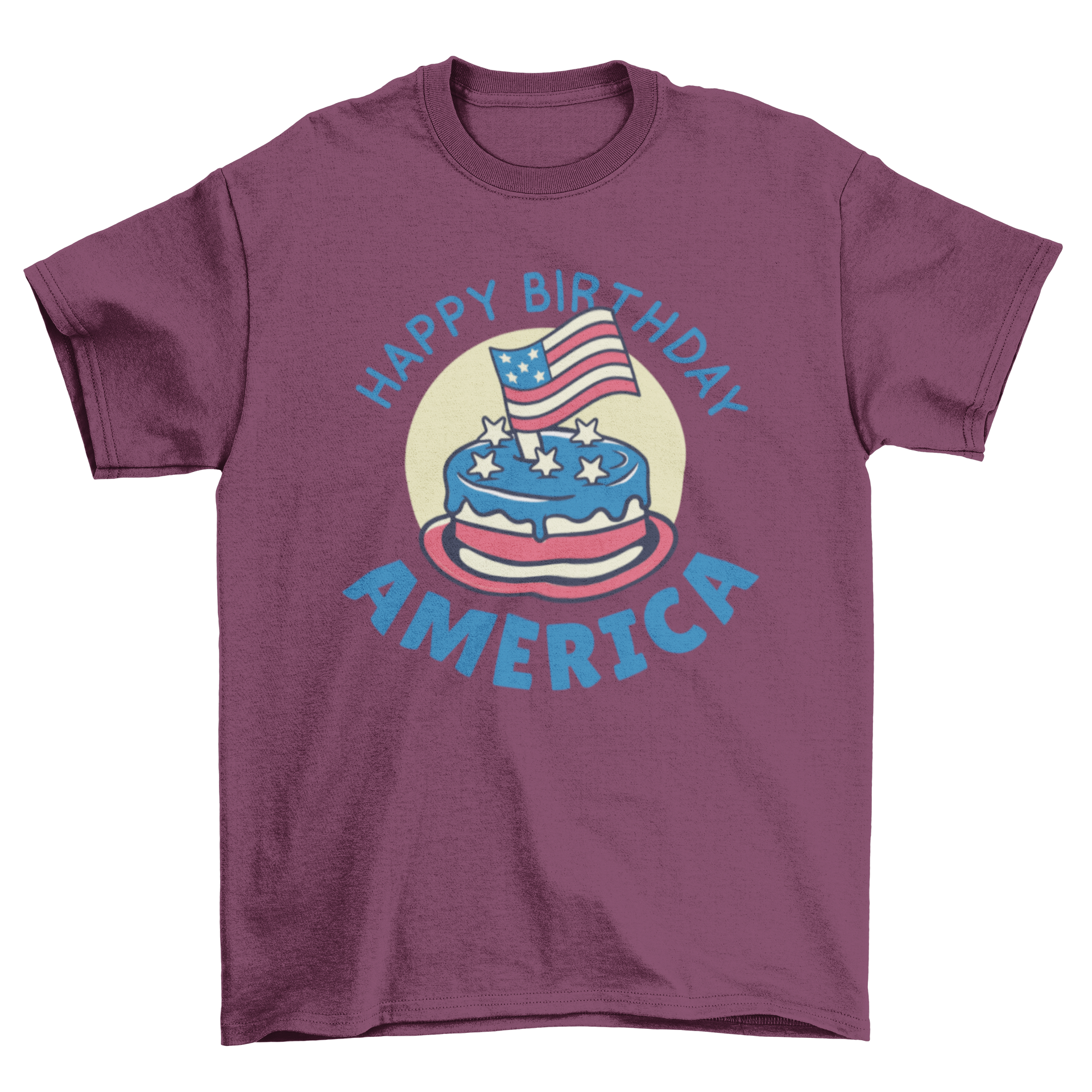 Happy Birthday America T-shirt featuring a patriotic birthday cake design with bold text.