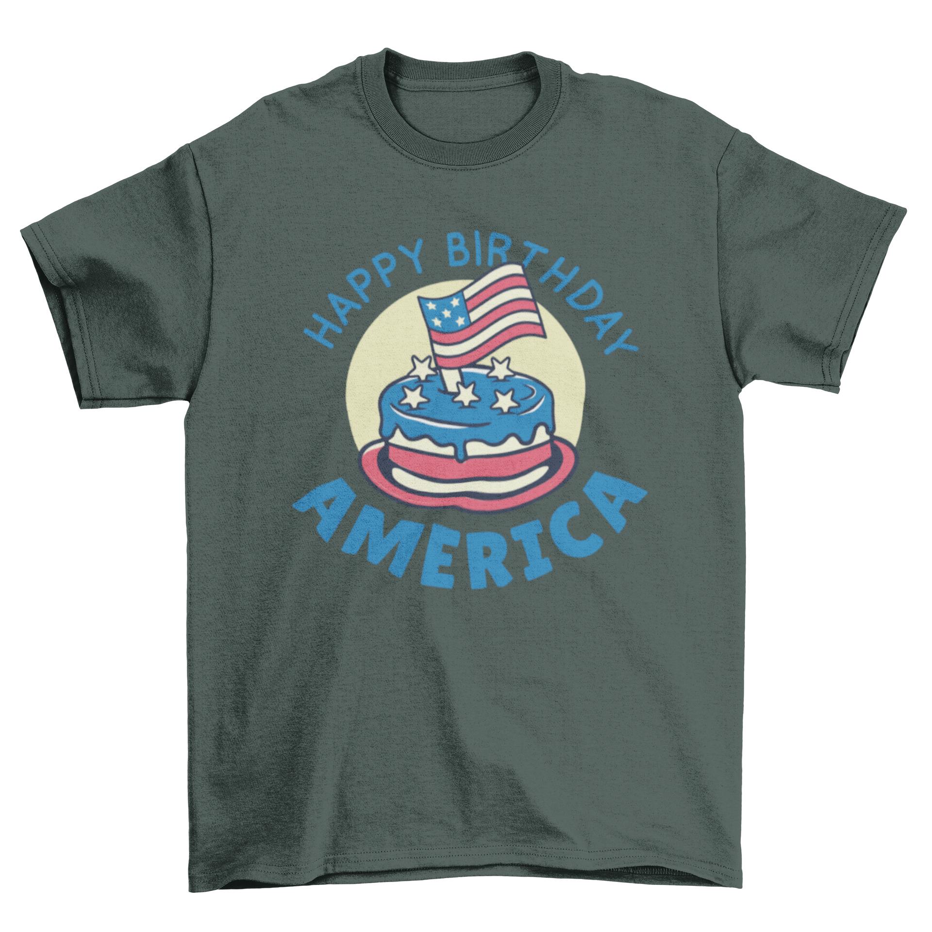 Happy Birthday America T-shirt featuring a patriotic birthday cake design with bold text.