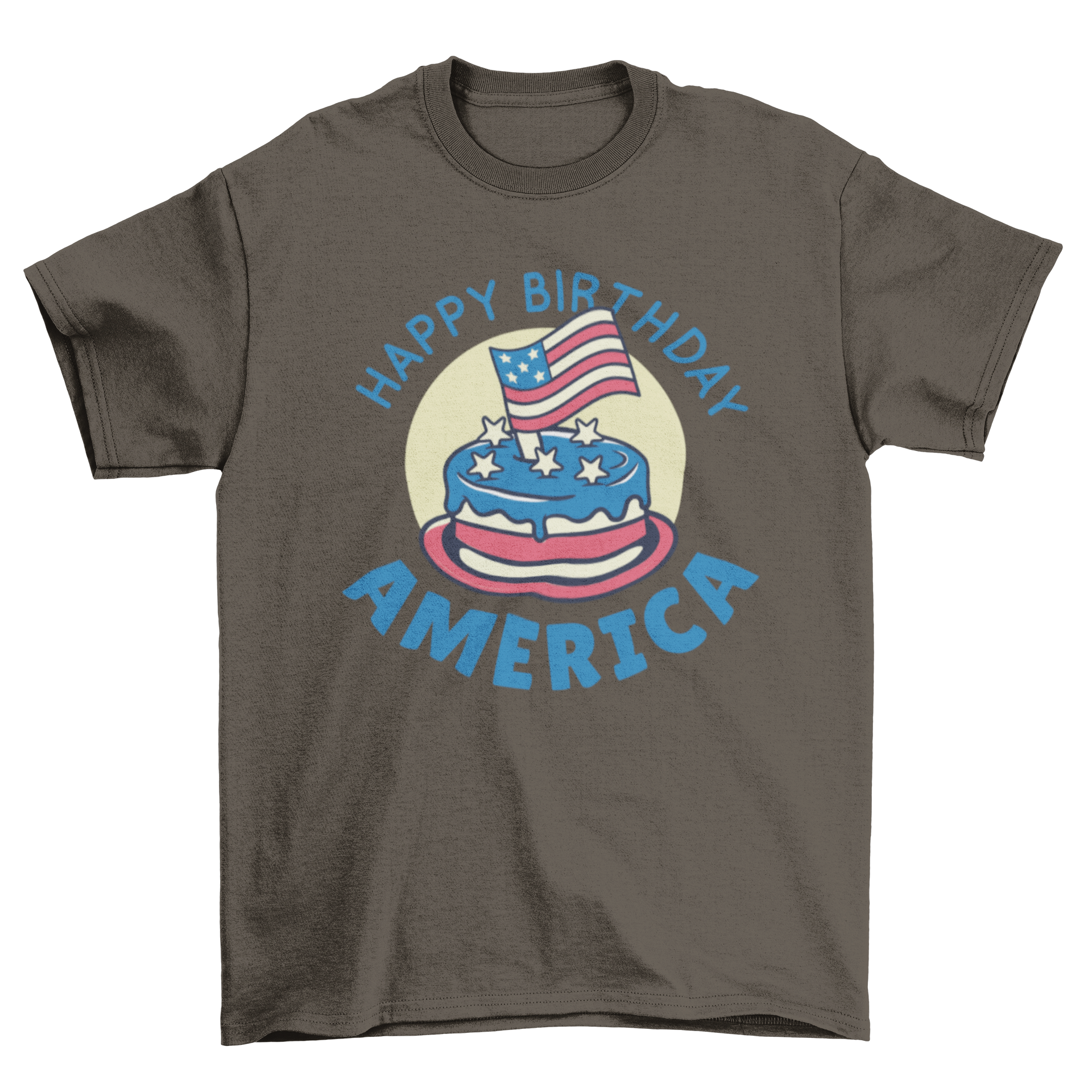 Happy Birthday America T-shirt featuring a patriotic birthday cake design with bold text.