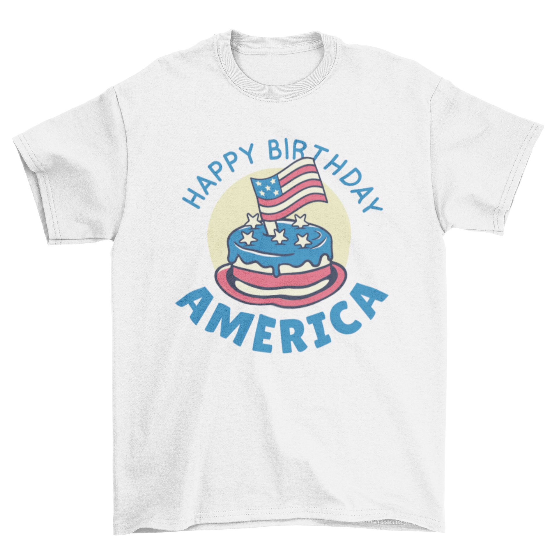 Happy Birthday America T-shirt featuring a patriotic birthday cake design with bold text.