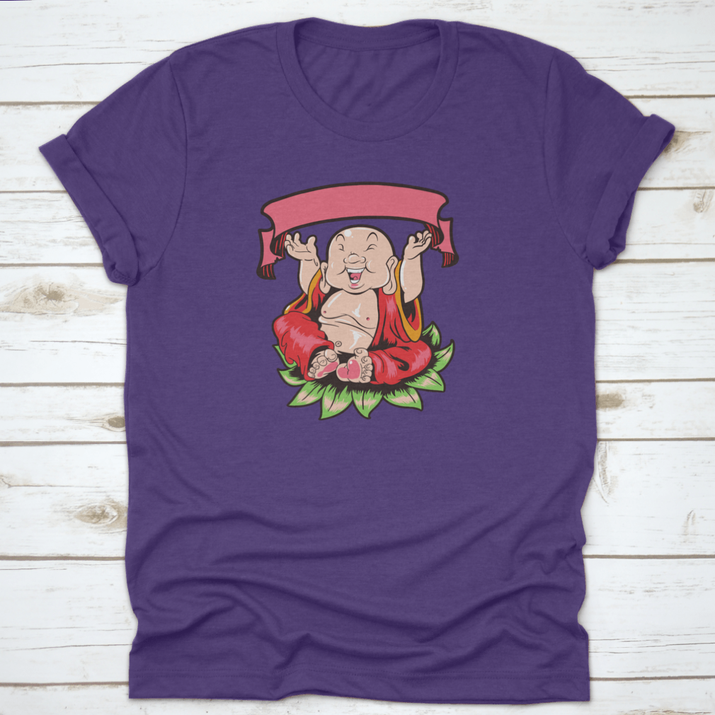 Happy Buddha T-Shirt design featuring a Buddha sitting on leaves, showcasing vibrant colors and a unique artistic style.