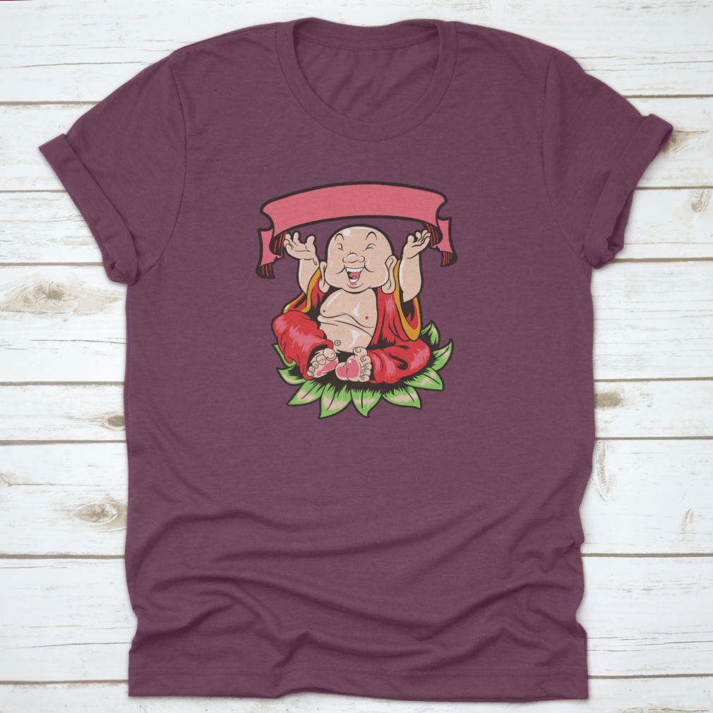 Happy Buddha T-Shirt design featuring a Buddha sitting on leaves, showcasing vibrant colors and a unique artistic style.
