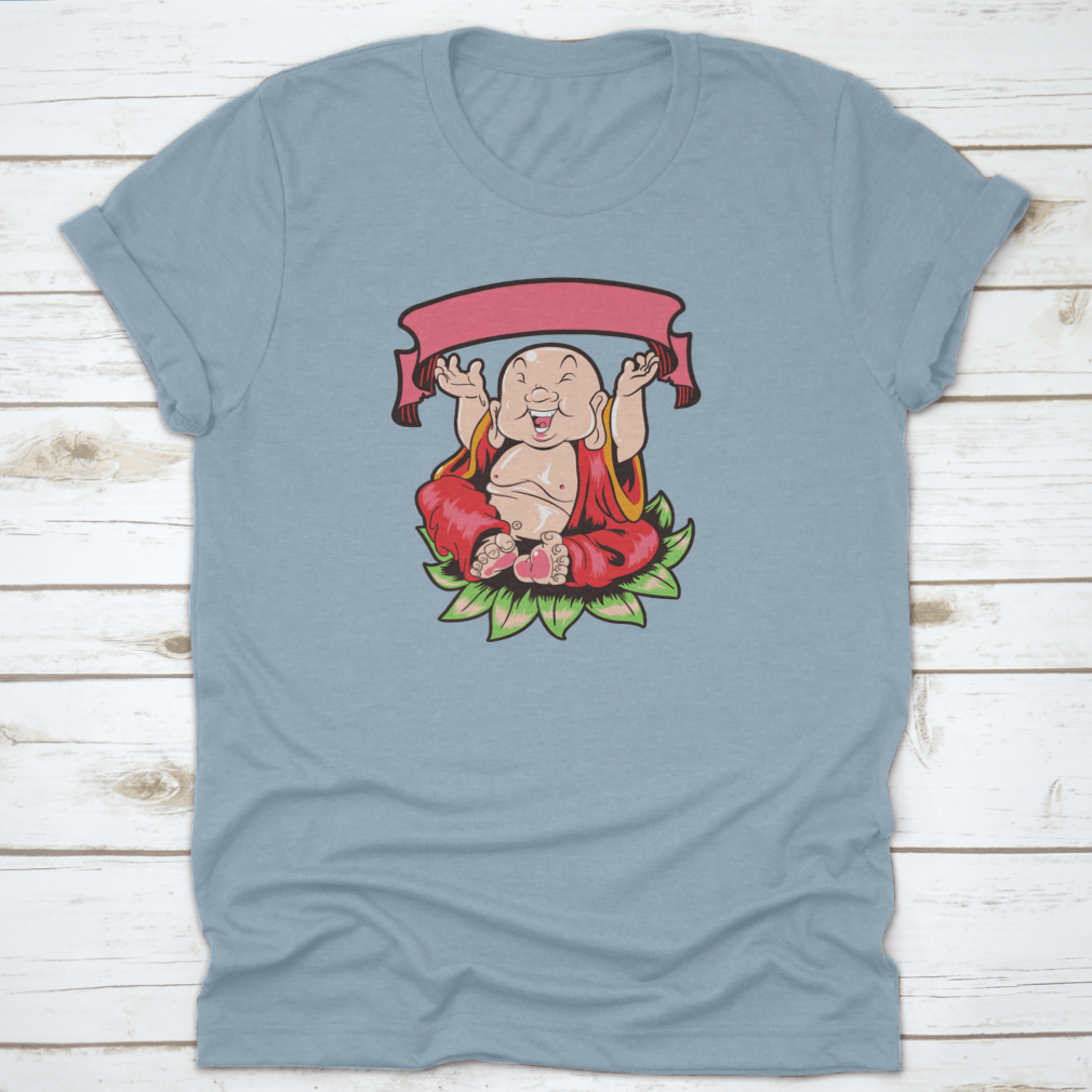 Happy Buddha T-Shirt design featuring a Buddha sitting on leaves, showcasing vibrant colors and a unique artistic style.
