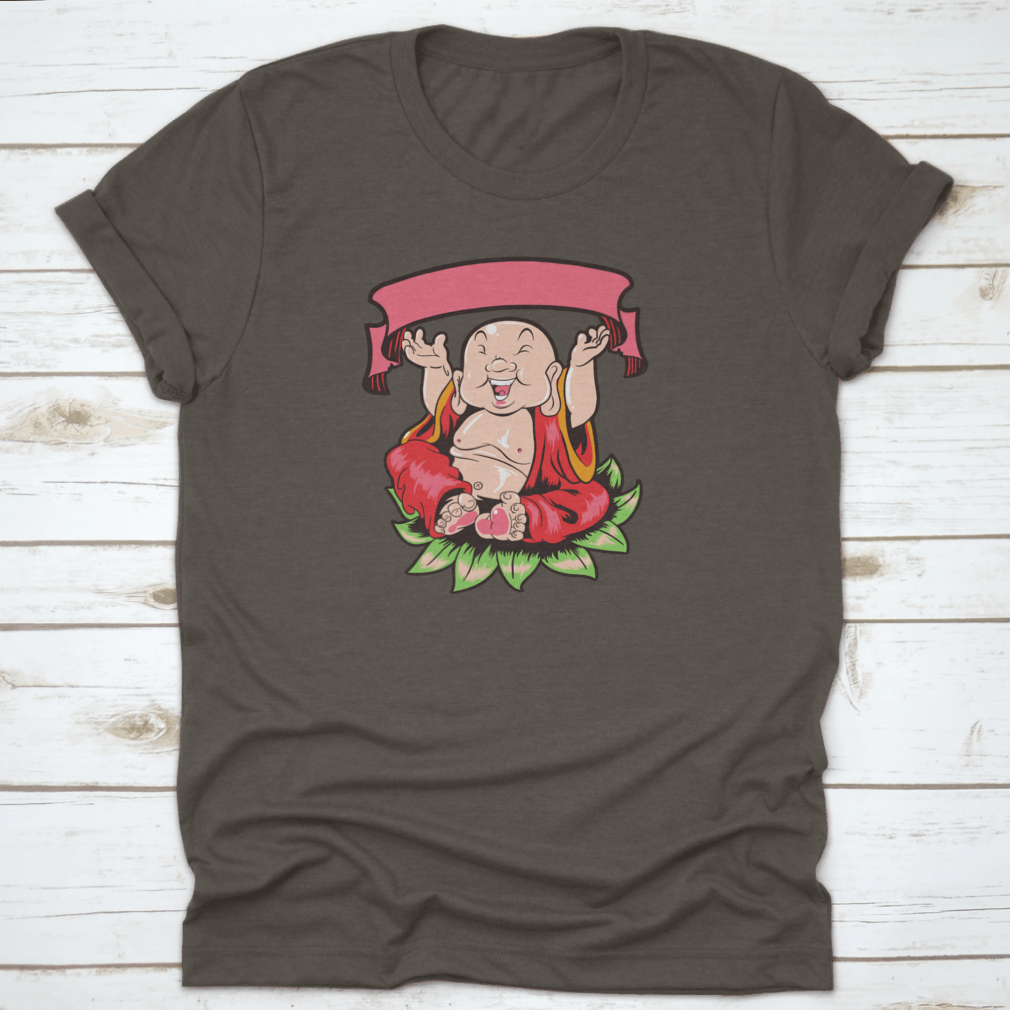 Happy Buddha T-Shirt design featuring a Buddha sitting on leaves, showcasing vibrant colors and a unique artistic style.