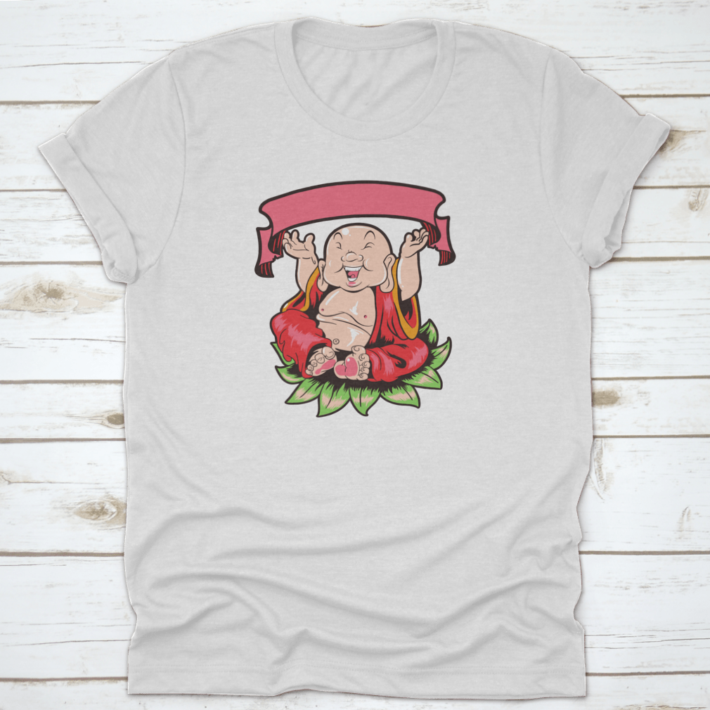 Happy Buddha T-Shirt design featuring a Buddha sitting on leaves, showcasing vibrant colors and a unique artistic style.