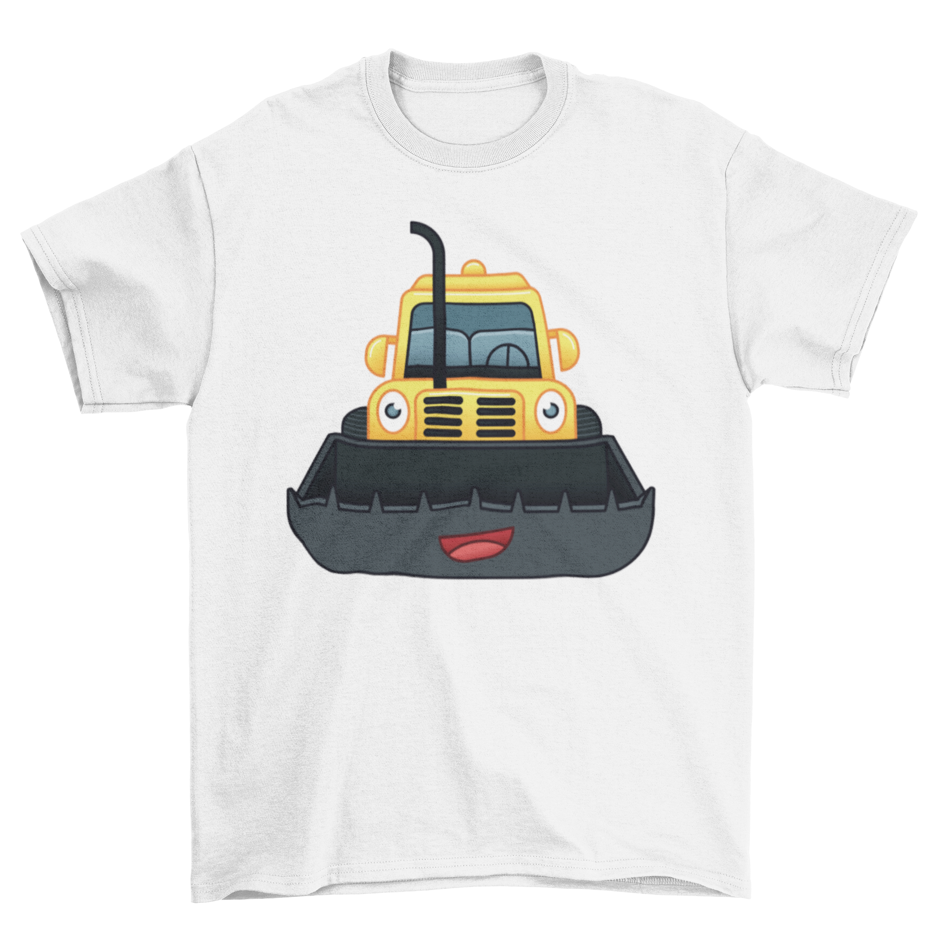 Happy Bulldozer T-shirt design featuring a cute cartoon bulldozer with a smiley face, perfect for casual wear.