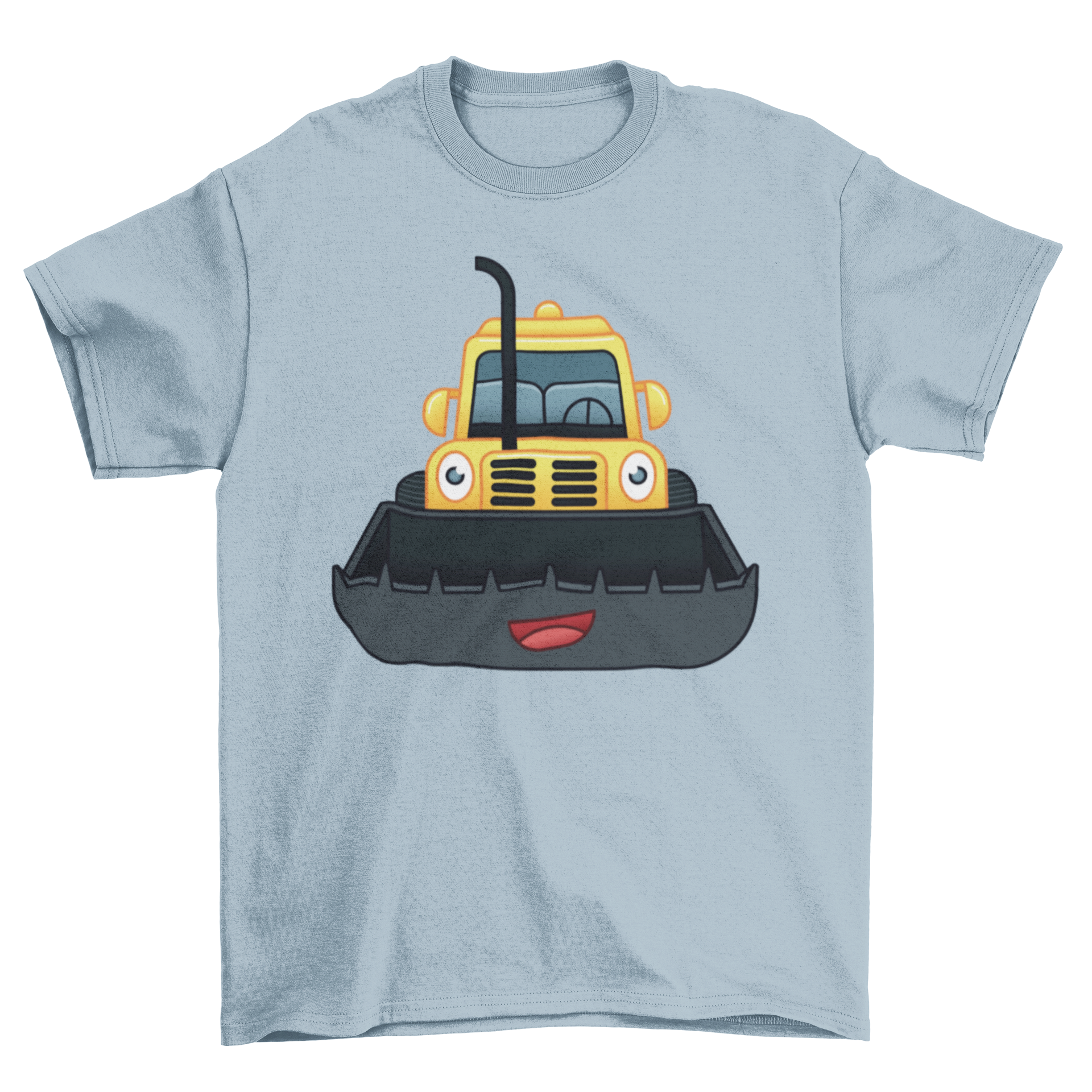 Happy Bulldozer T-shirt design featuring a cute cartoon bulldozer with a smiley face, perfect for casual wear.